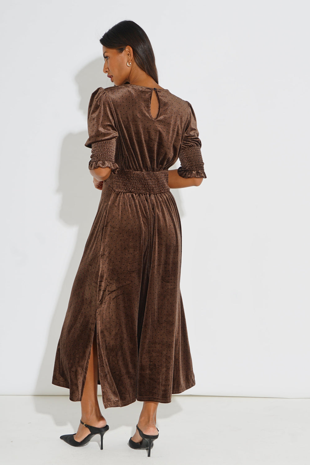 Velvet-Polka-Dot-Tea-Dress-in-Brown