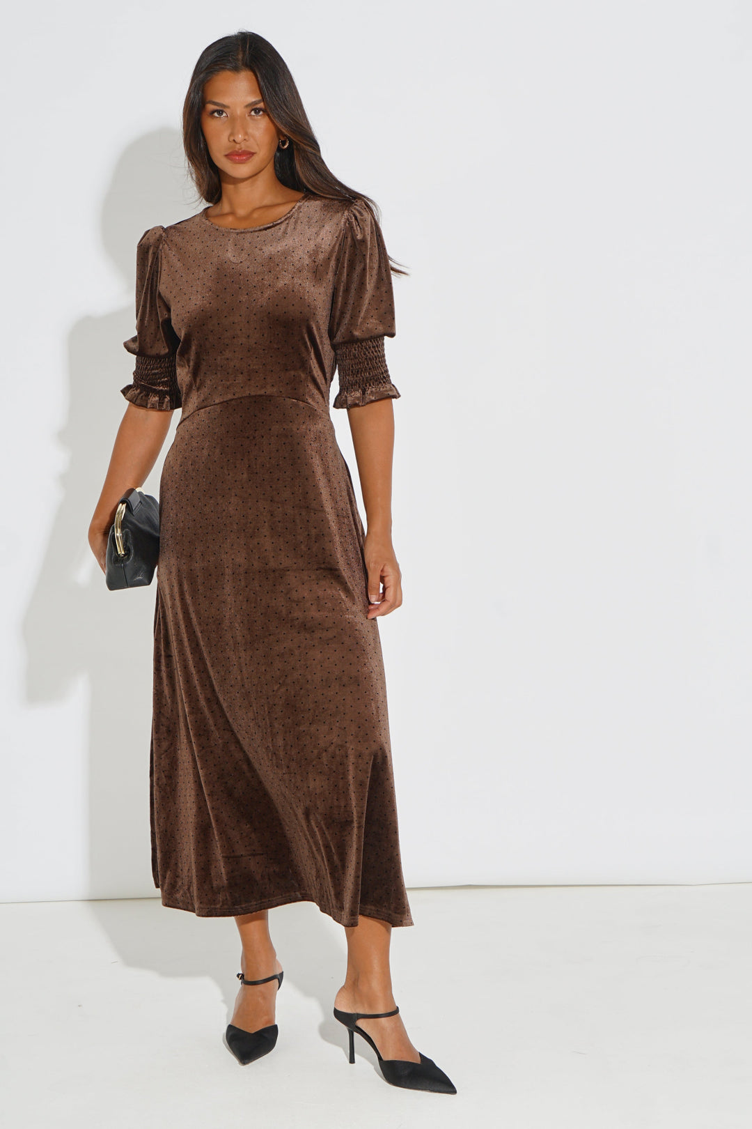 Velvet-Polka-Dot-Tea-Dress-in-Brown