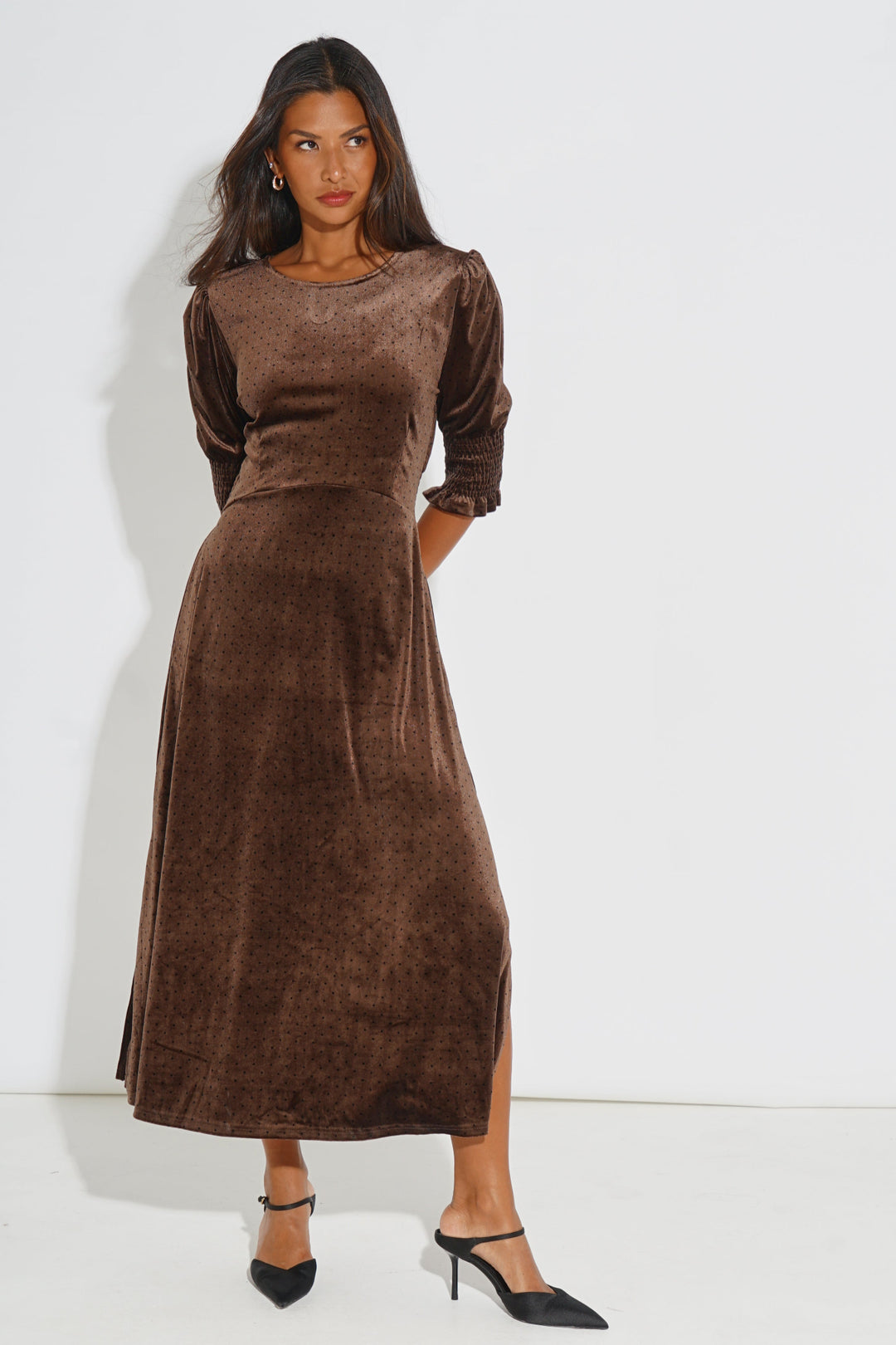 Velvet-Polka-Dot-Tea-Dress-in-Brown