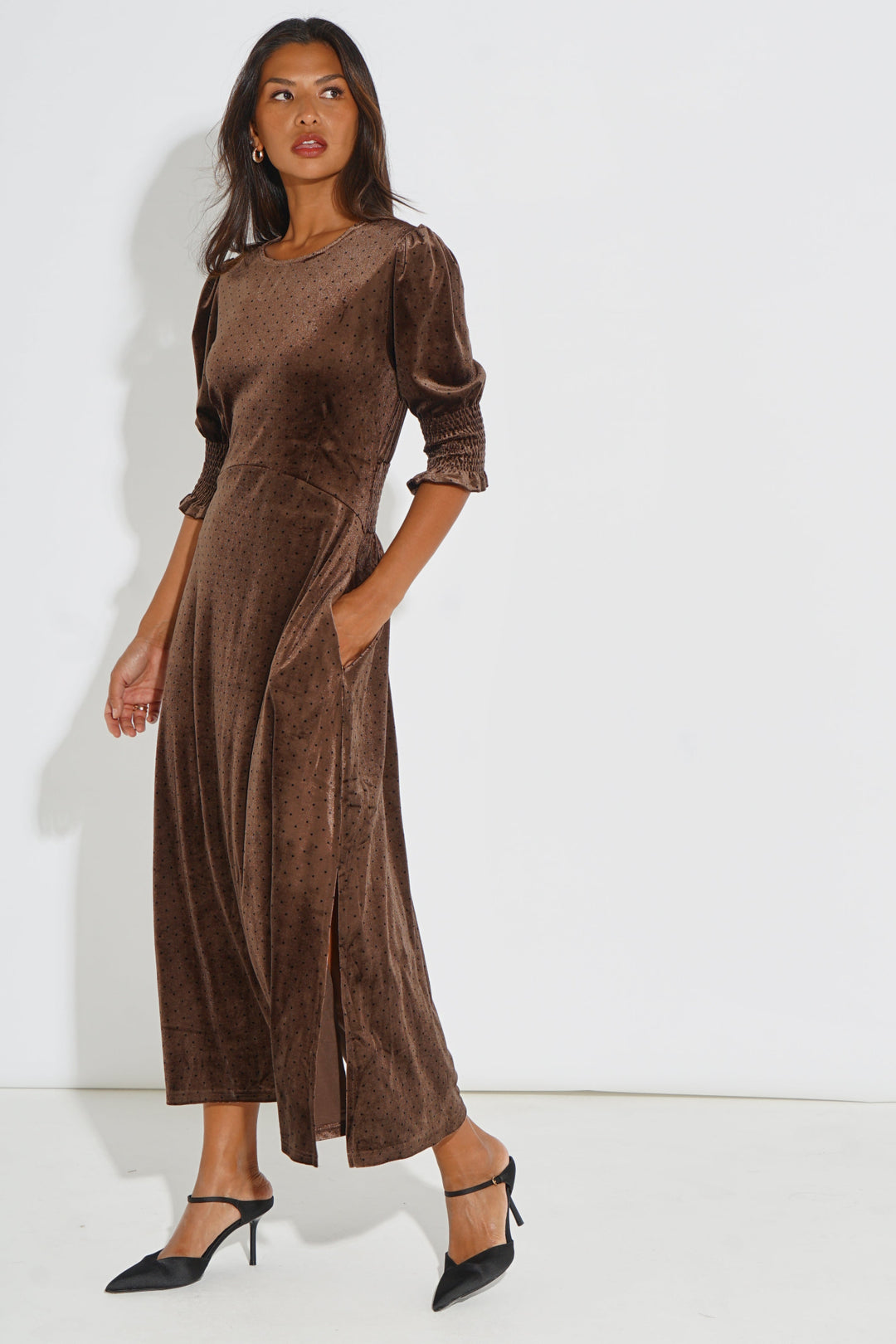 Velvet-Polka-Dot-Tea-Dress-in-Brown