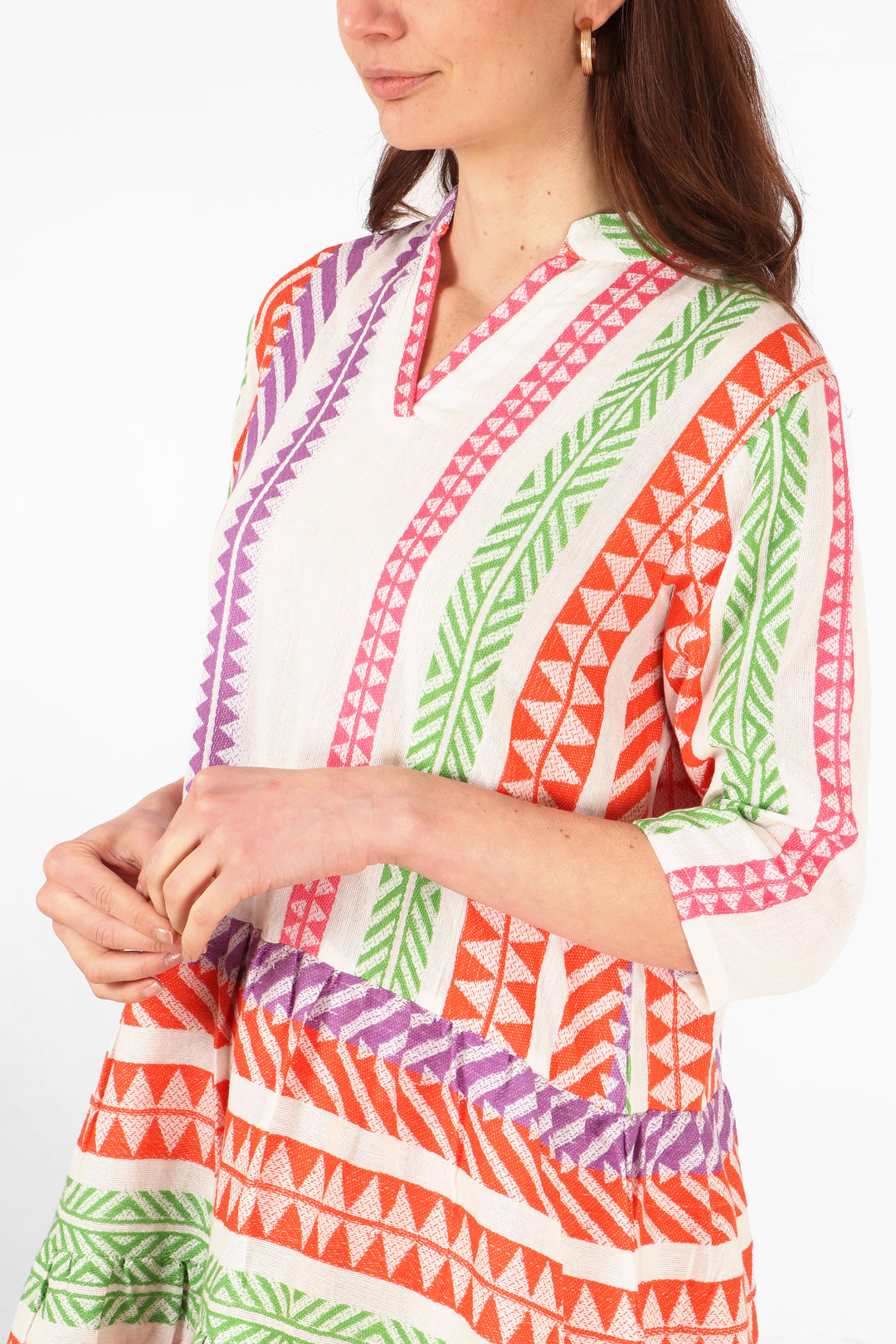 close up of the multicoloured aztec pattern on this cotton mini dress