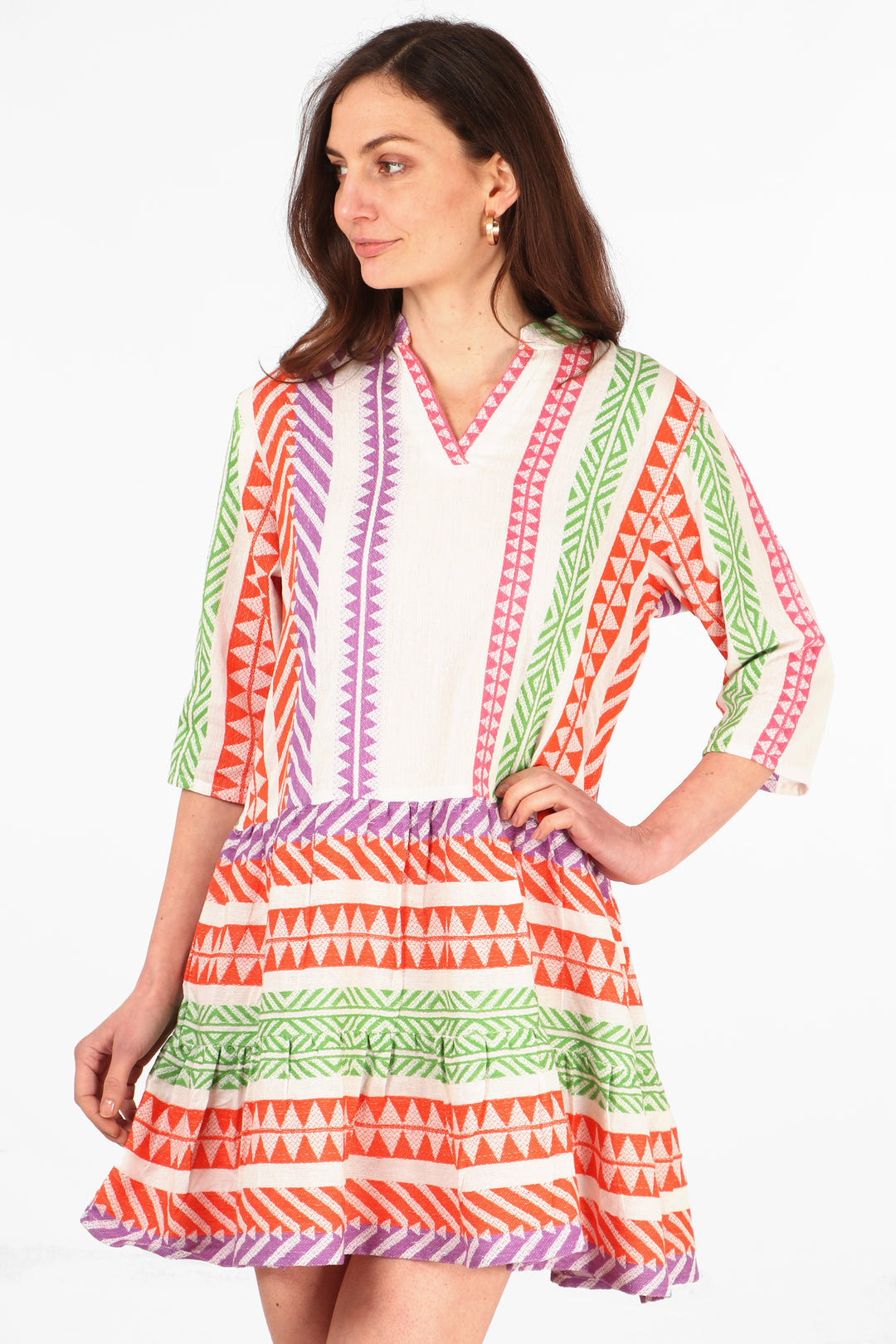 aztec pattern v neck cotton mini dress in a multicoloured design