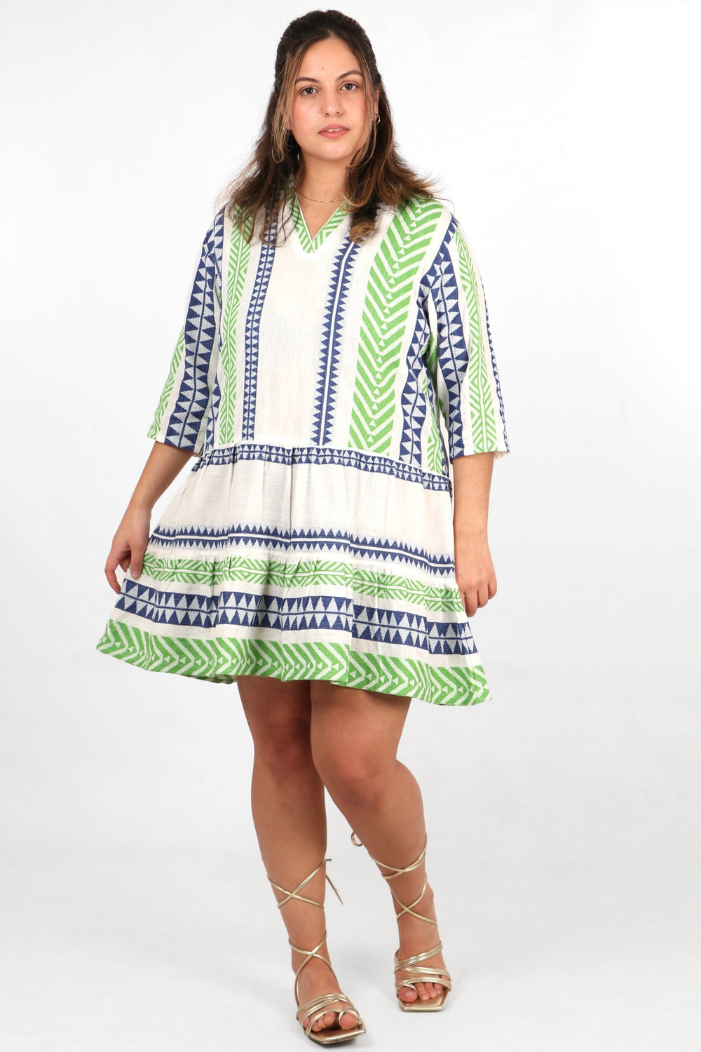 size 14 model wearing this cotton aztec dress