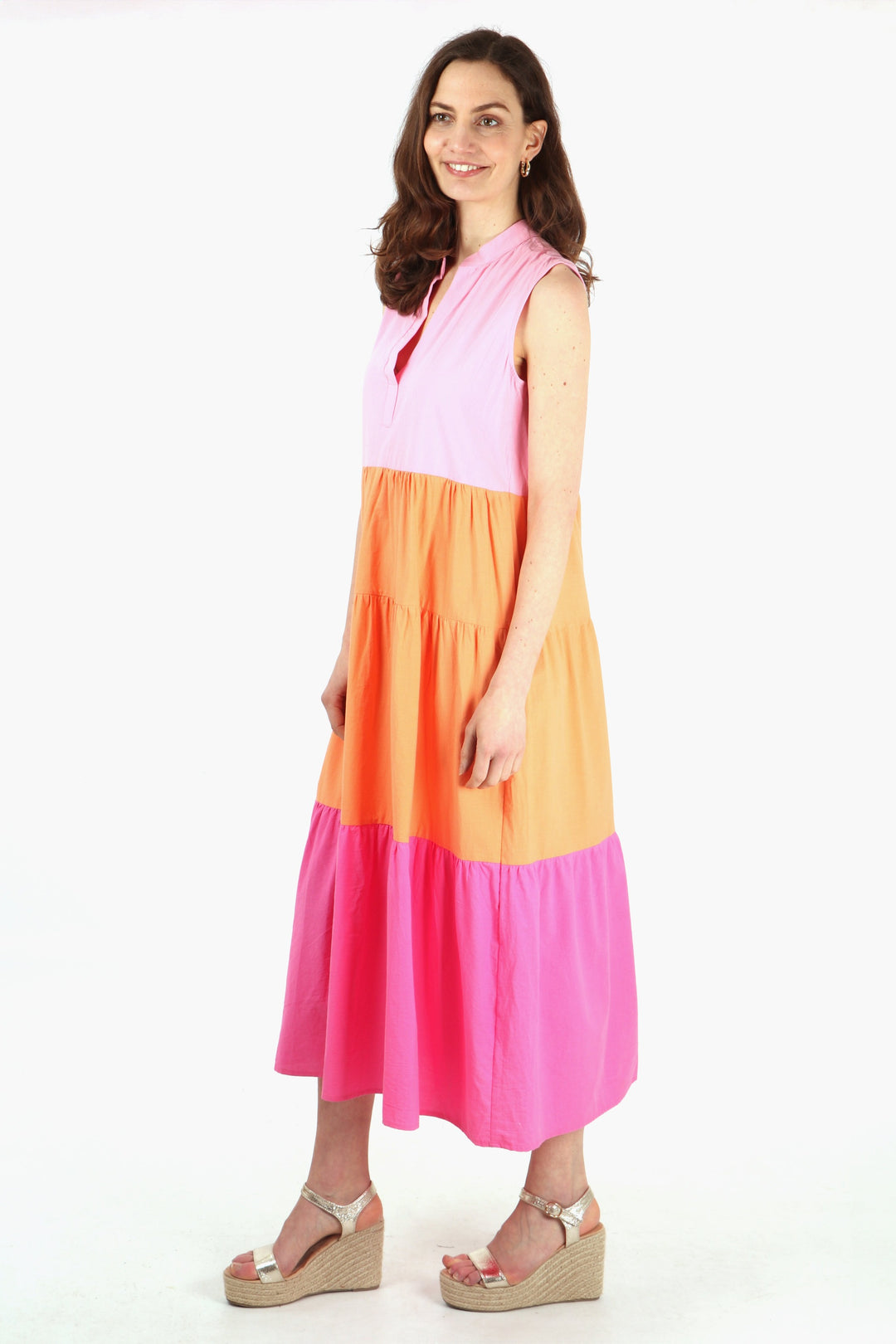 pink and orange colourblock striped midaxi dress with grandad collar