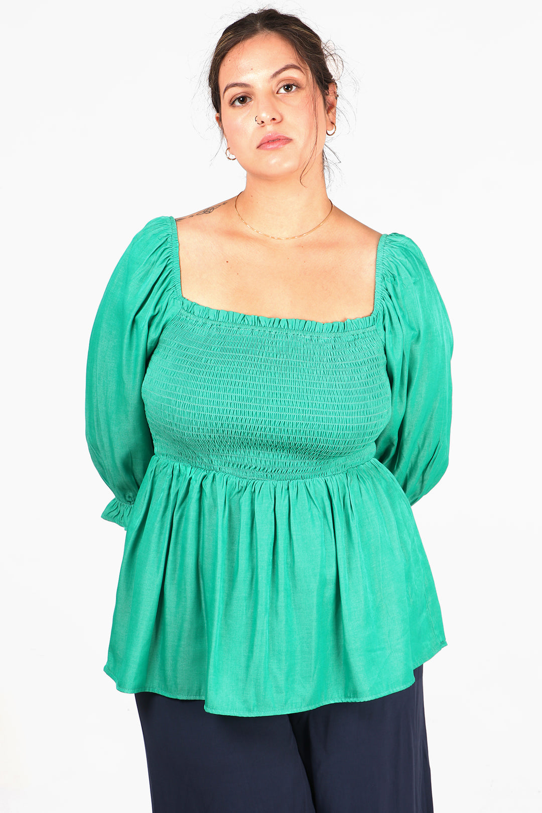 green peplum milkmaid top with shirred bodice and square neck