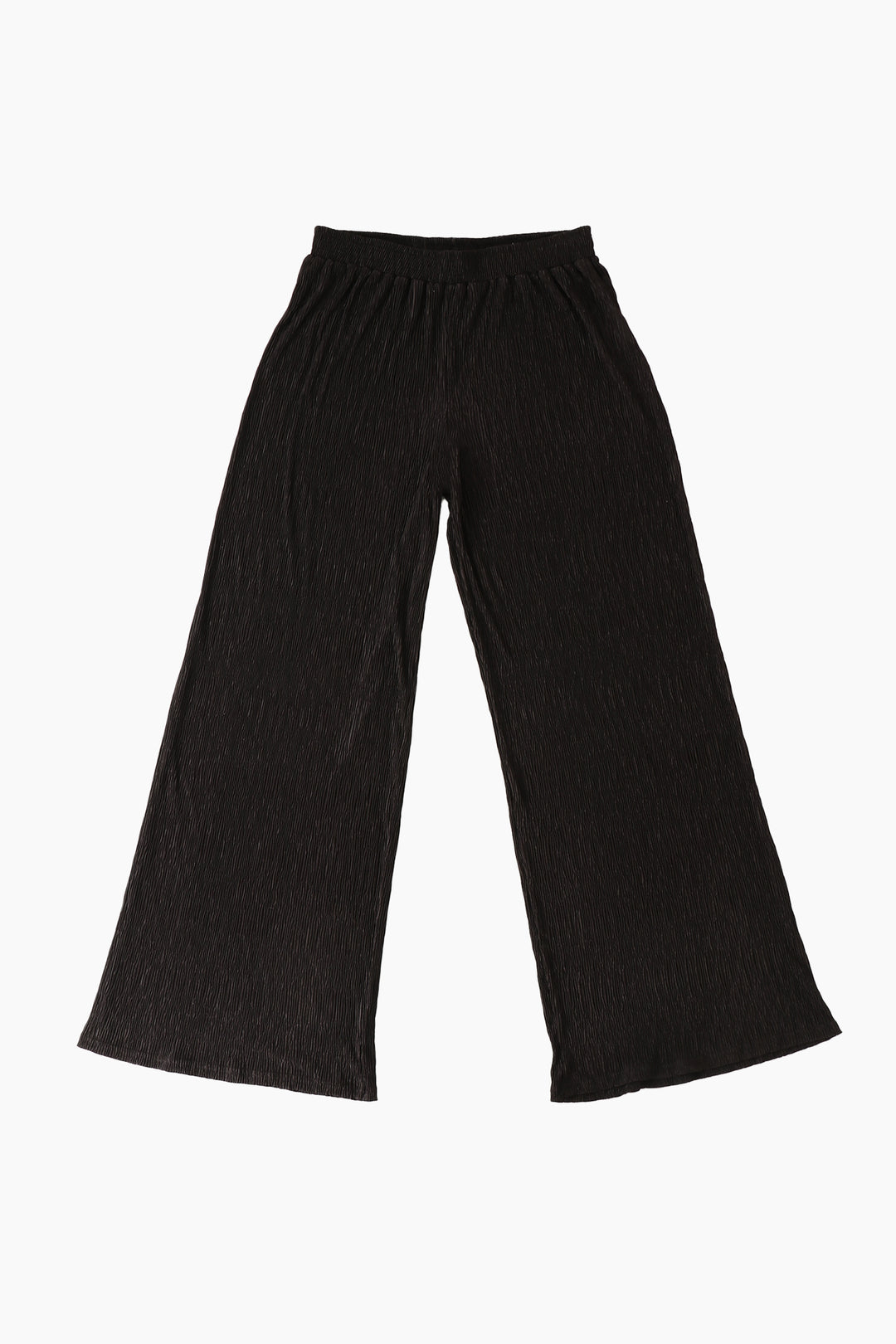 Wide Leg Plisse Trousers with Elastic Smocked Waist in Black