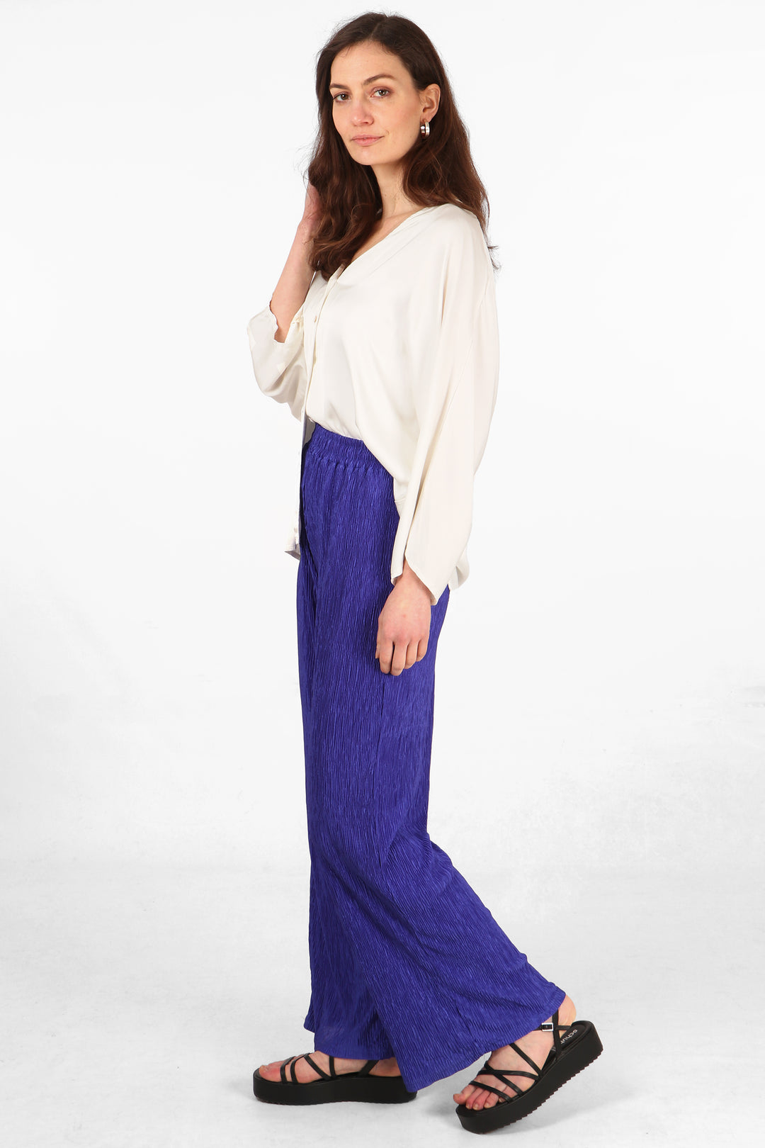 crepe plisse royal blue summer long trousers with elasticated smocked waist