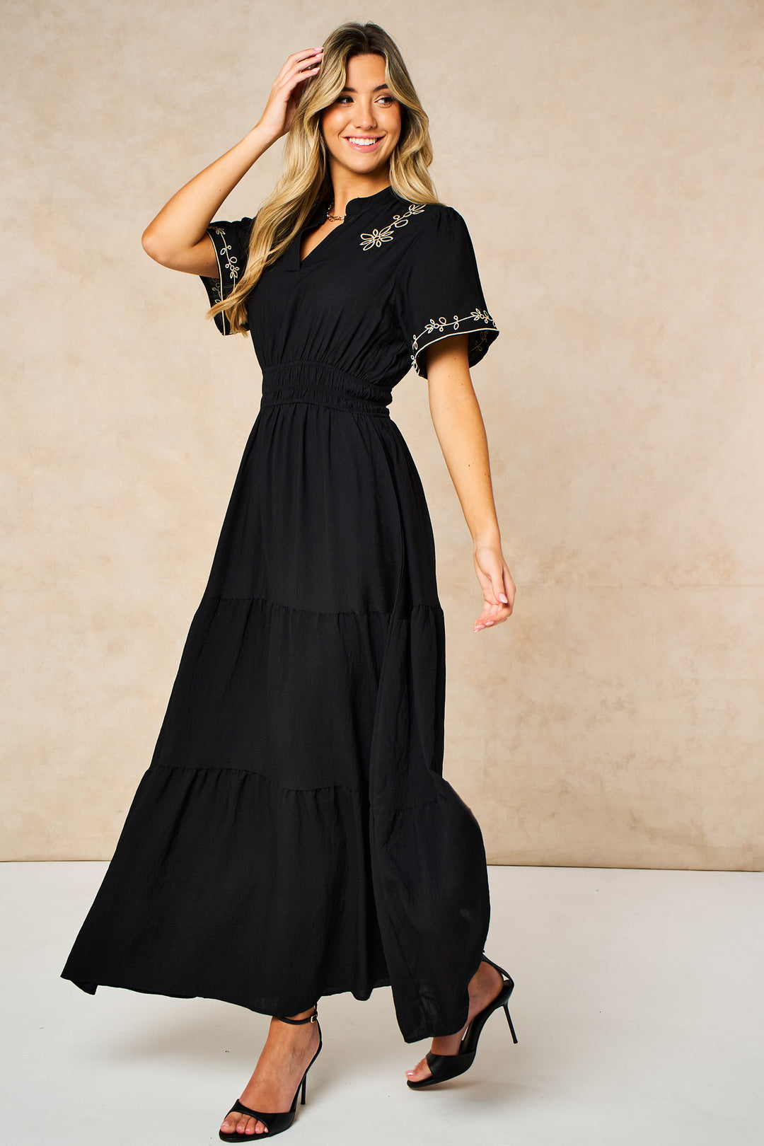 Embroidered-Tiered-Maxi-Dress-in-Black-styled