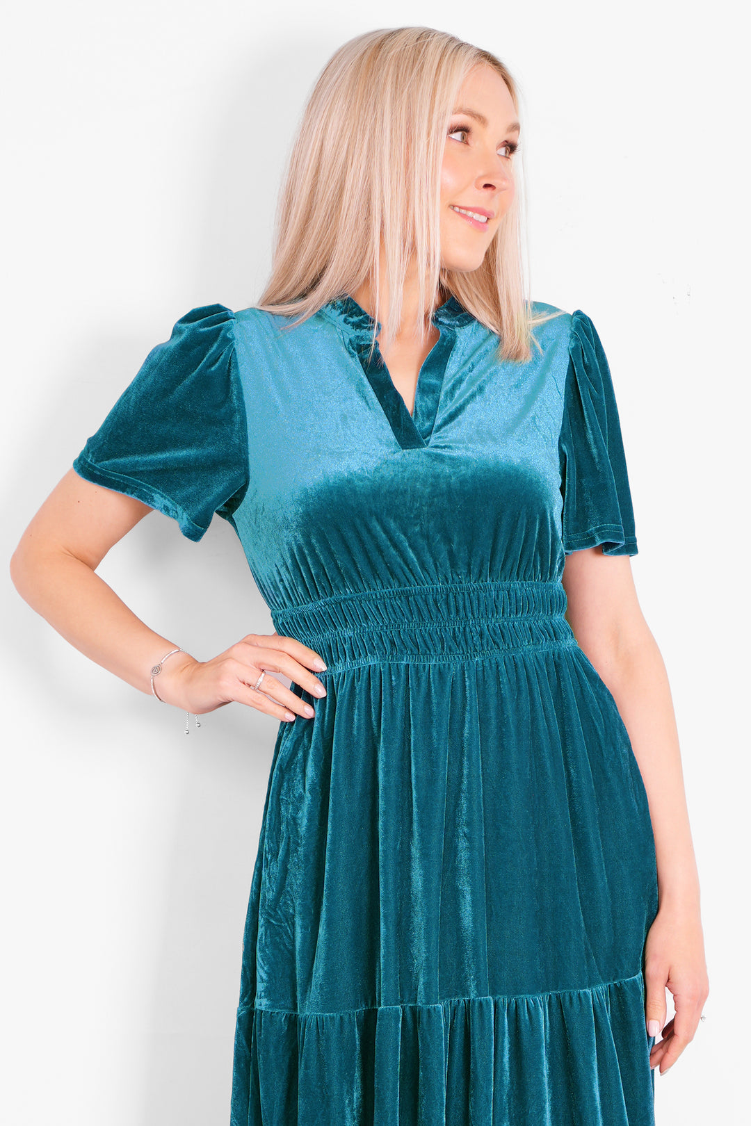 roxy-tiered-maxi-dress-teal-velvet-model-shirred-waist