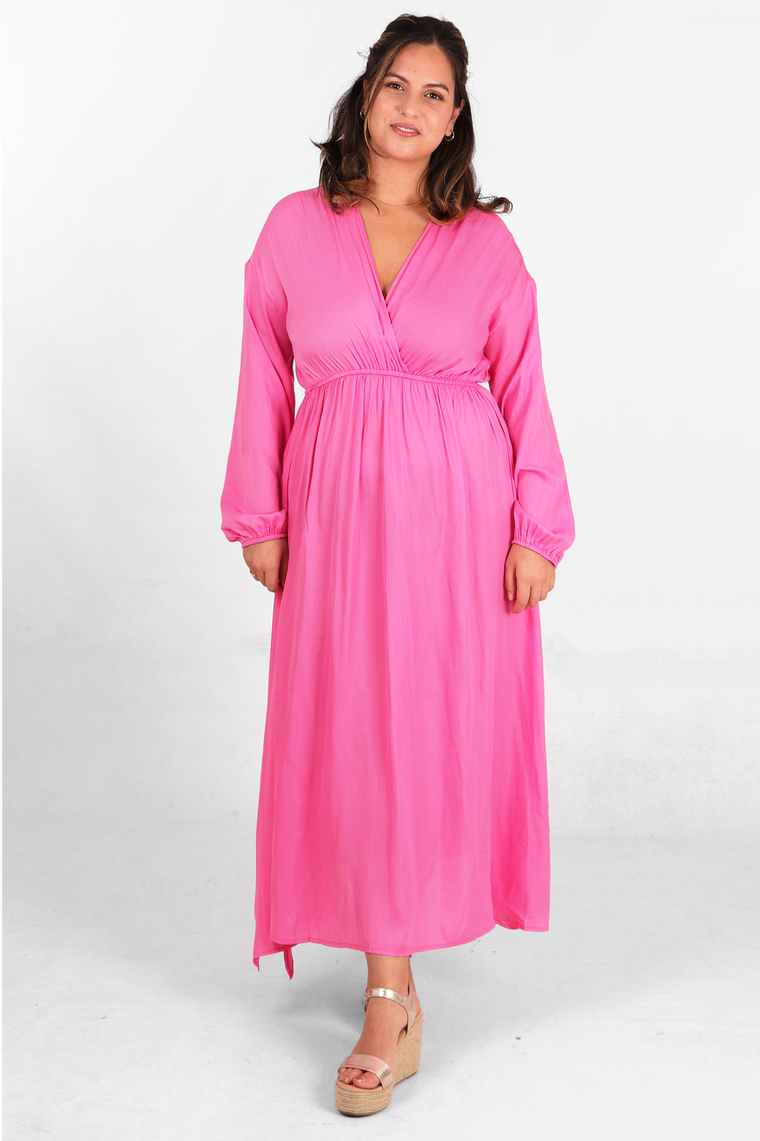 plain pink faux wrap maxi dress with elasticated waist and long sleeves in hot pink