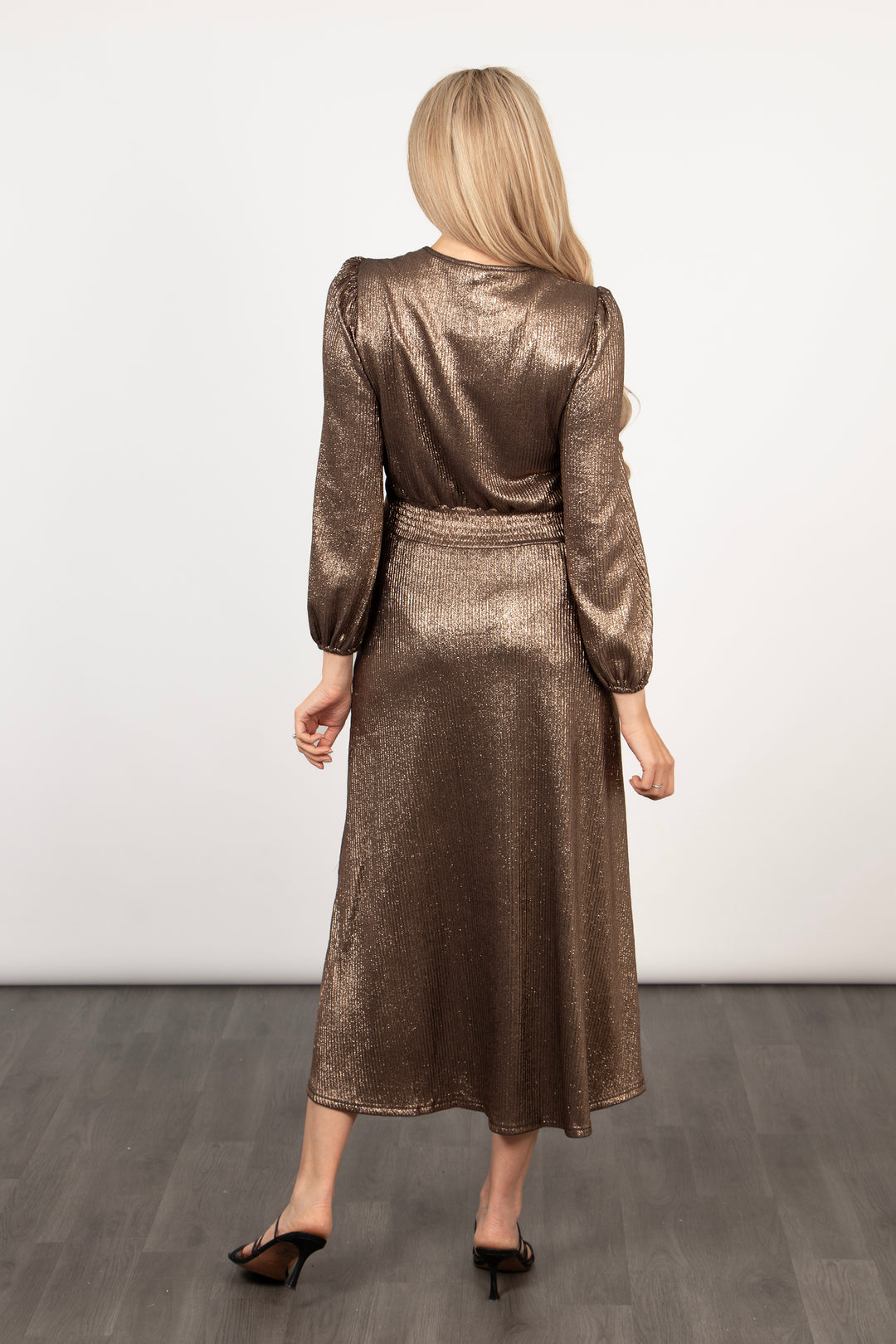 showing the back of the dress, showing the high neckline at the back and the empire waist 