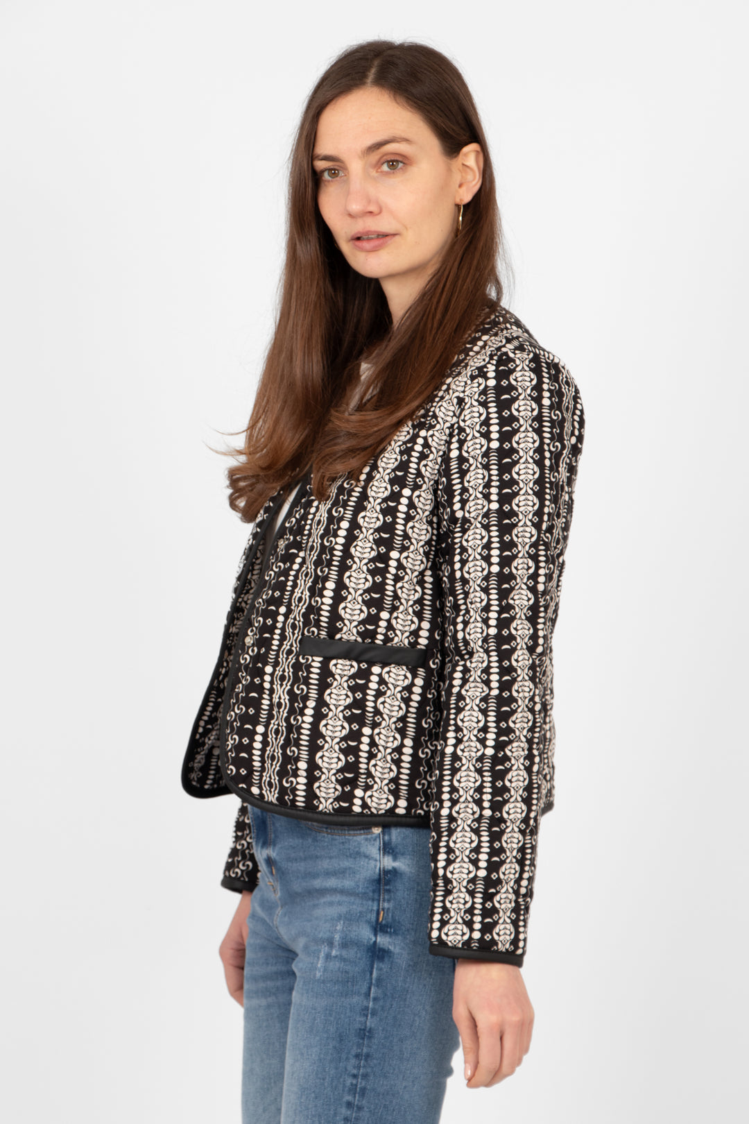 greta-lightweight-box-jacket-black-moroccan-print-side-view-faux-leather-trims