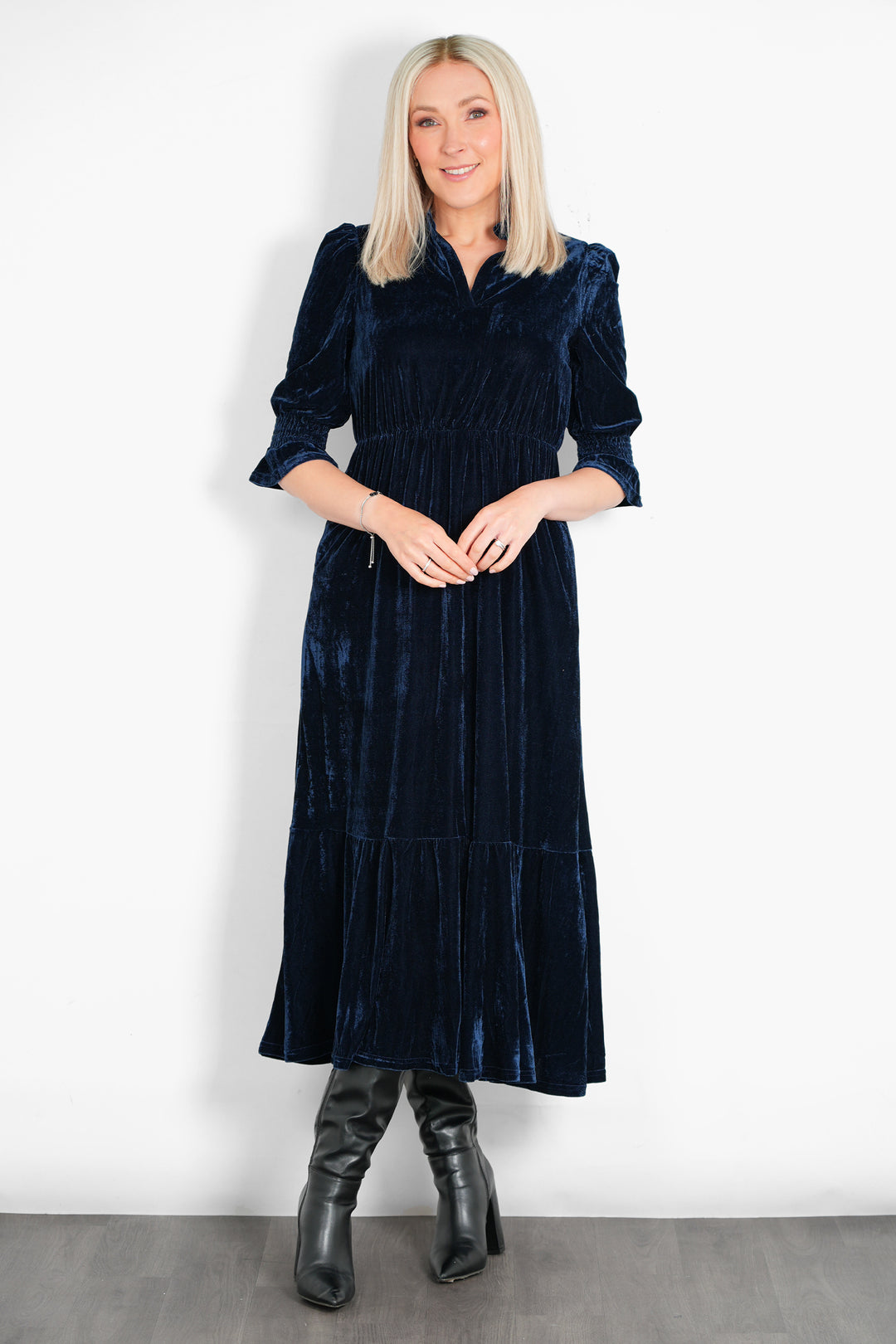 pandora-v-neck-midaxi-dress-navy-blue-velvet-model-front-view
