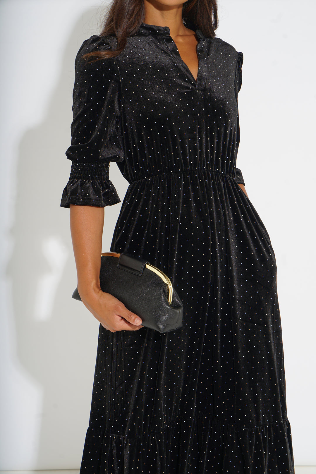 Velvet-Polka-Dot-Pandora-V-Neck-Midaxi-Dress-in-Black