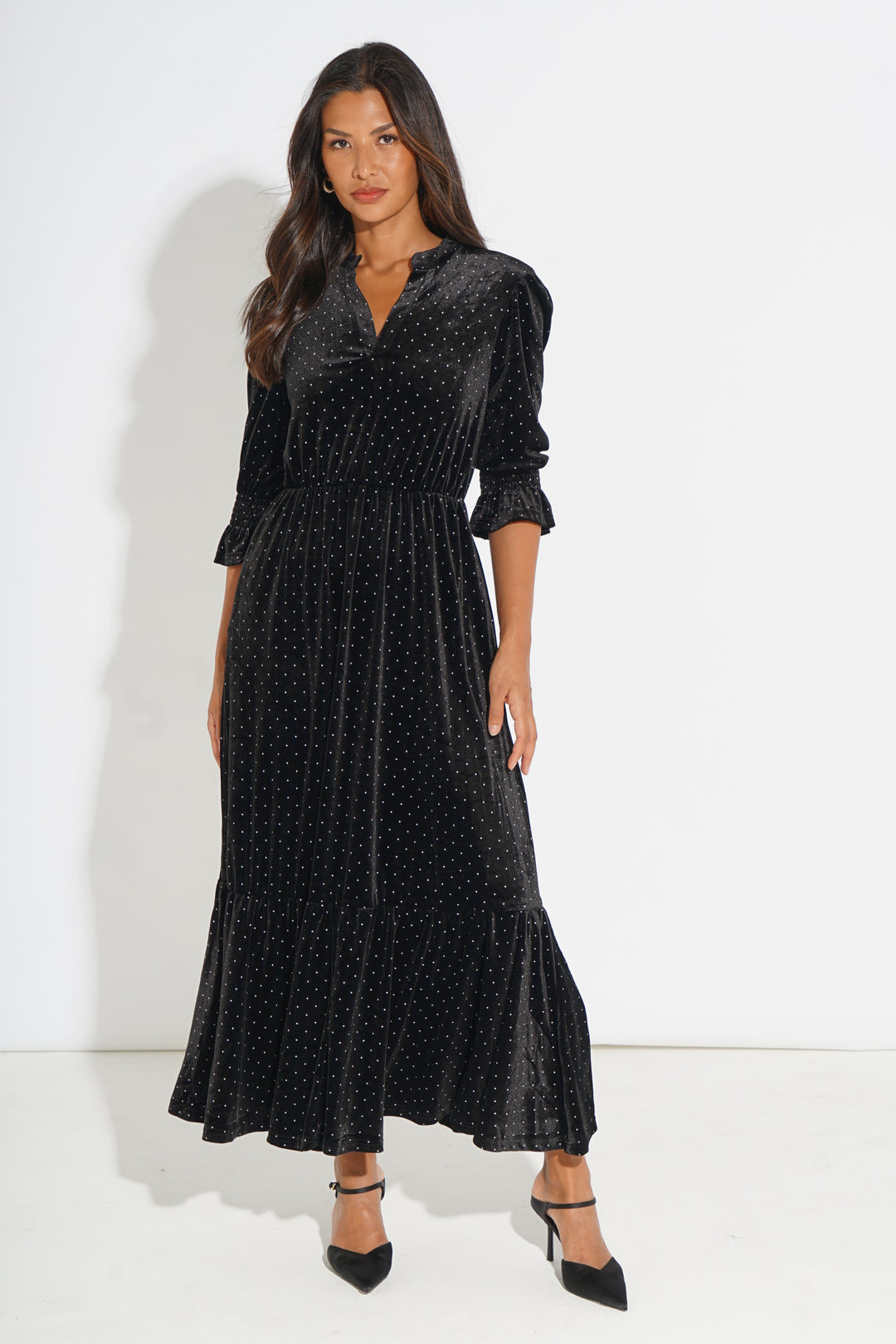 Velvet-Polka-Dot-Pandora-V-Neck-Midaxi-Dress-in-Black