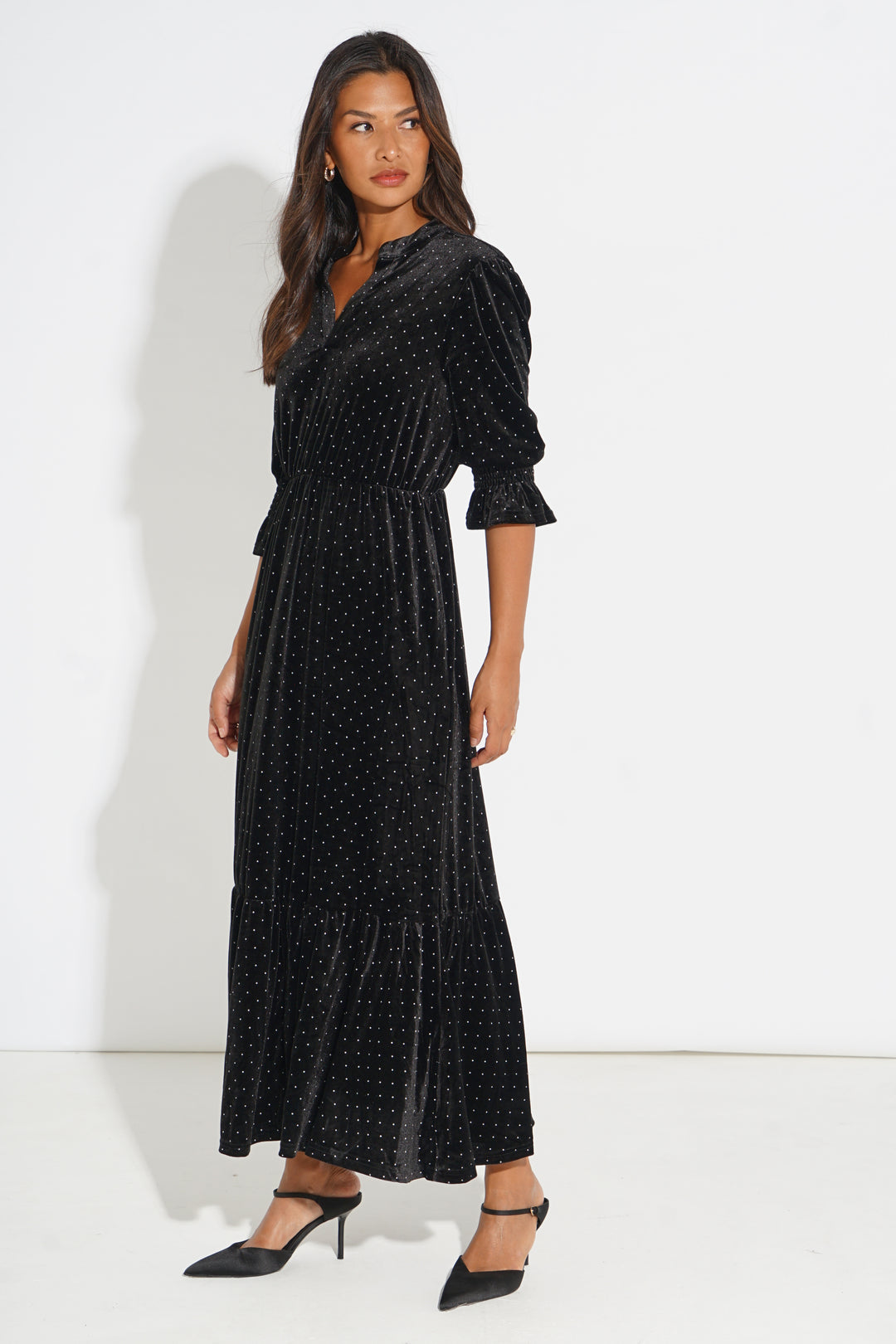 Velvet-Polka-Dot-Pandora-V-Neck-Midaxi-Dress-in-Black