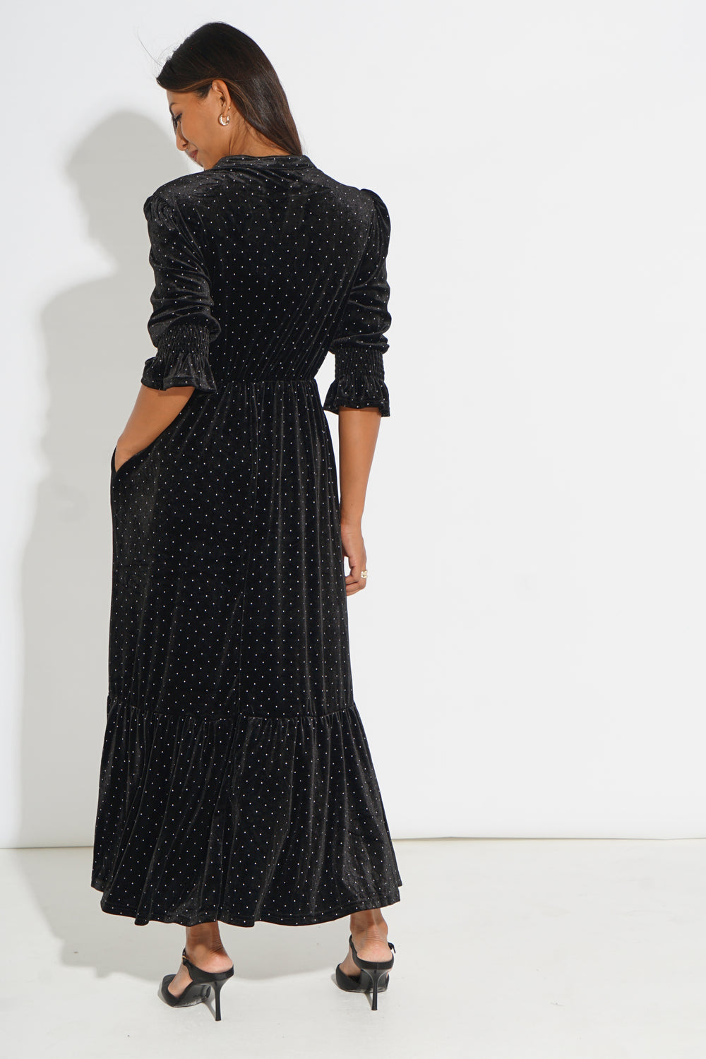 Velvet-Polka-Dot-Pandora-V-Neck-Midaxi-Dress-in-Black