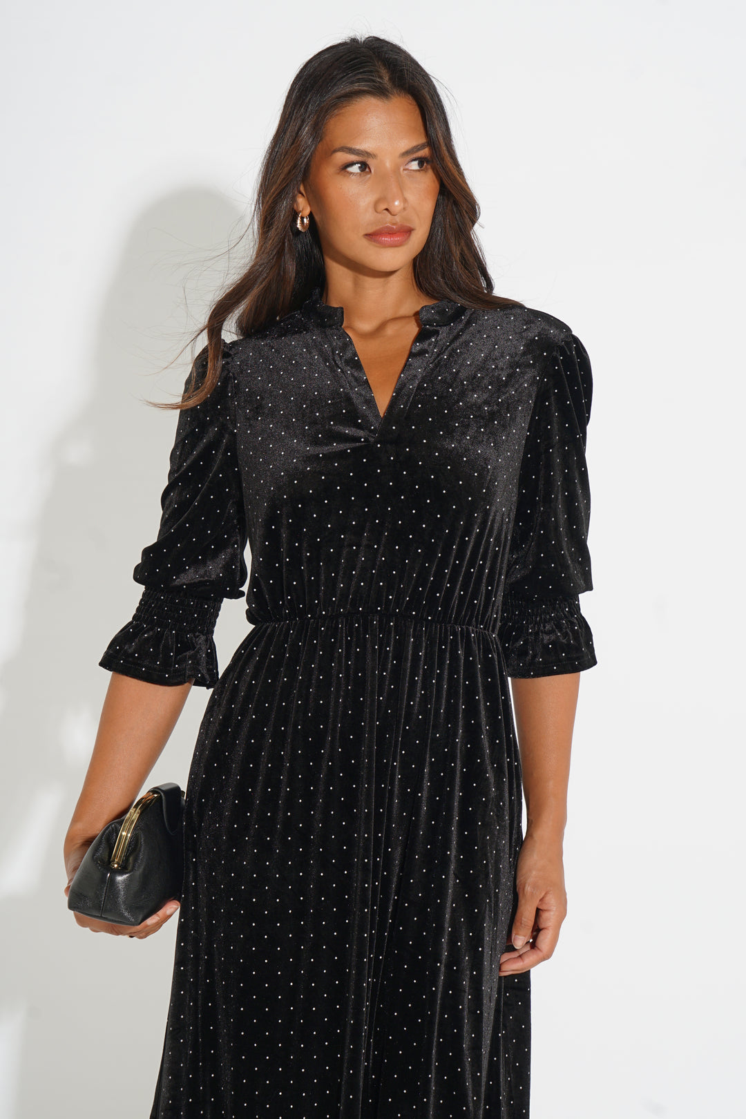 Velvet-Polka-Dot-Pandora-V-Neck-Midaxi-Dress-in-Black