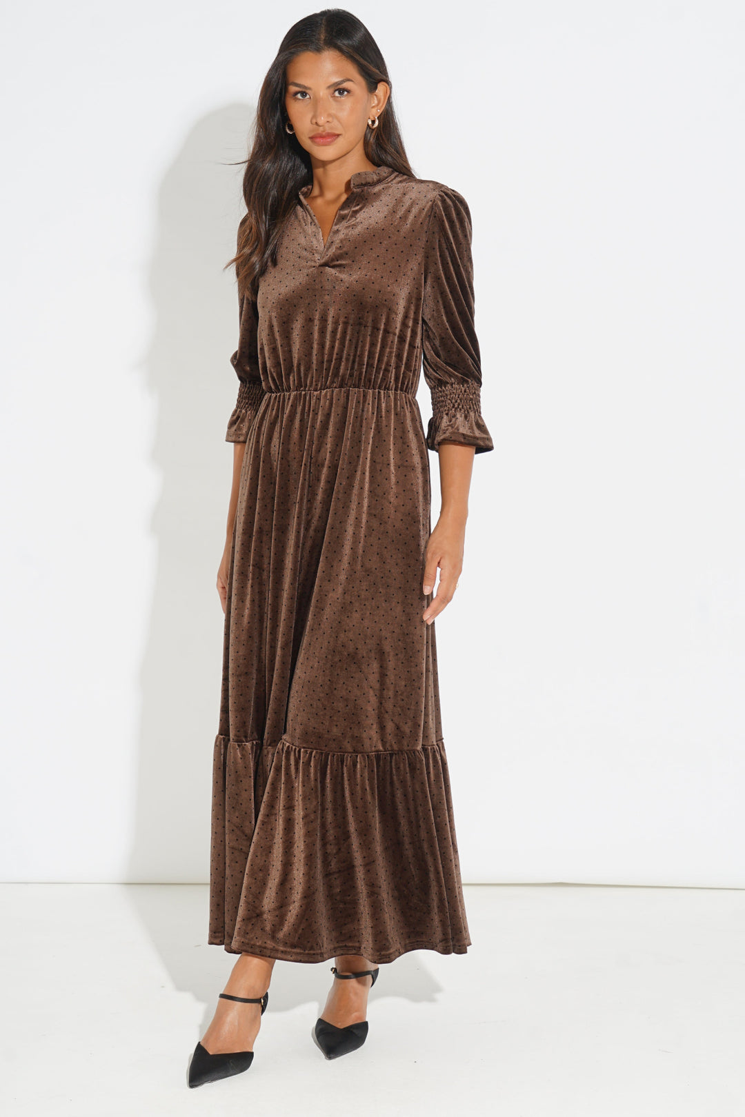 Velvet-Polka-Dot-Pandora-V-Neck-Midaxi-Dress-in-Brown