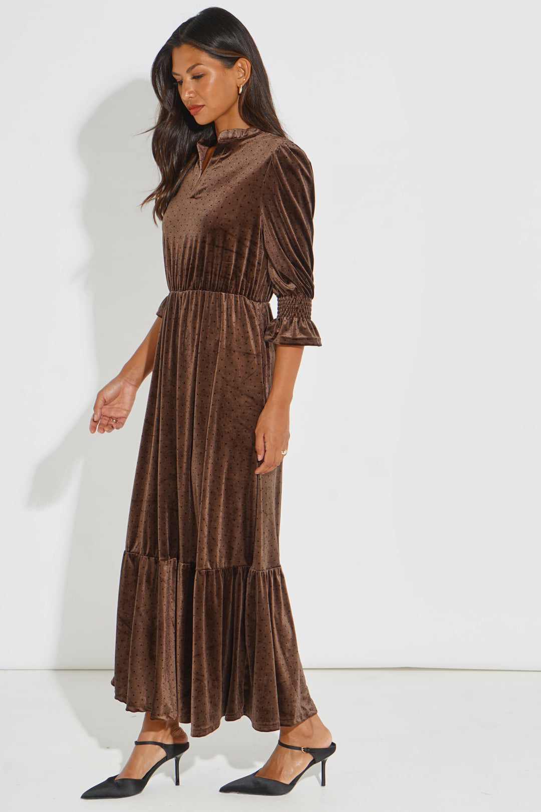 Velvet-Polka-Dot-Pandora-V-Neck-Midaxi-Dress-in-Brown