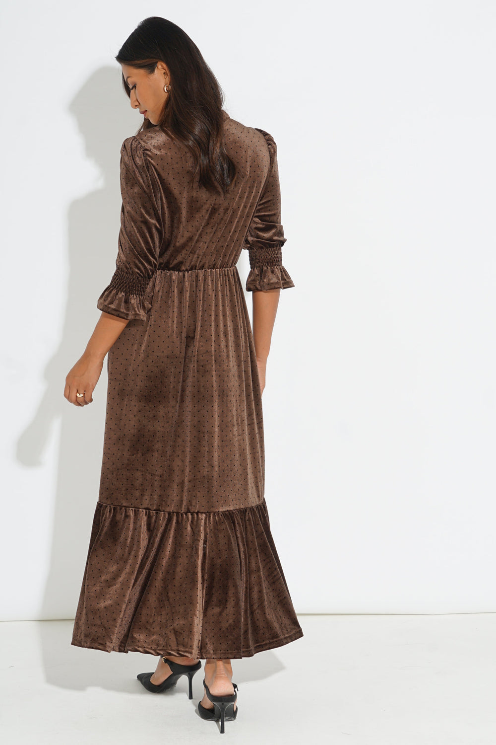 Velvet-Polka-Dot-Pandora-V-Neck-Midaxi-Dress-in-Brown