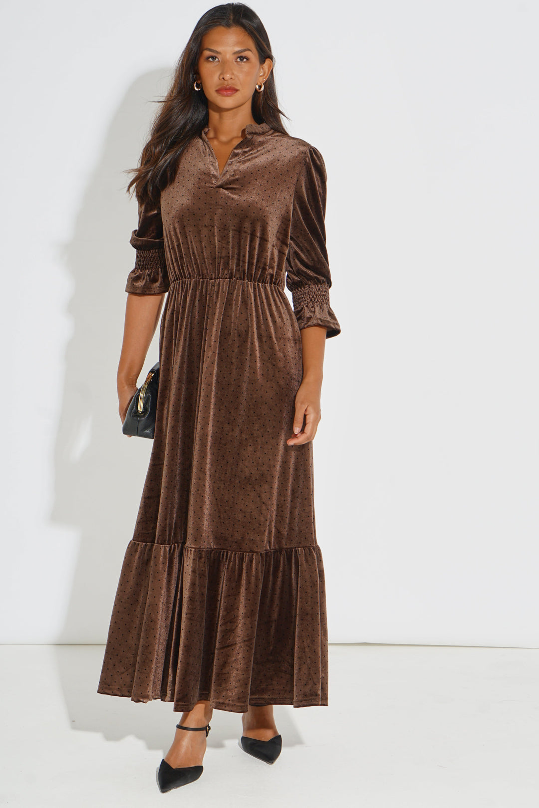 Velvet-Polka-Dot-Pandora-V-Neck-Midaxi-Dress-in-Brown