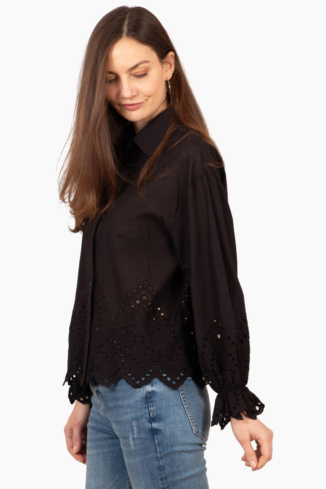hattie-long-sleeve-shirt-black-broderie-anglaise-side-view-showing-patterned-cuffs-and-hem