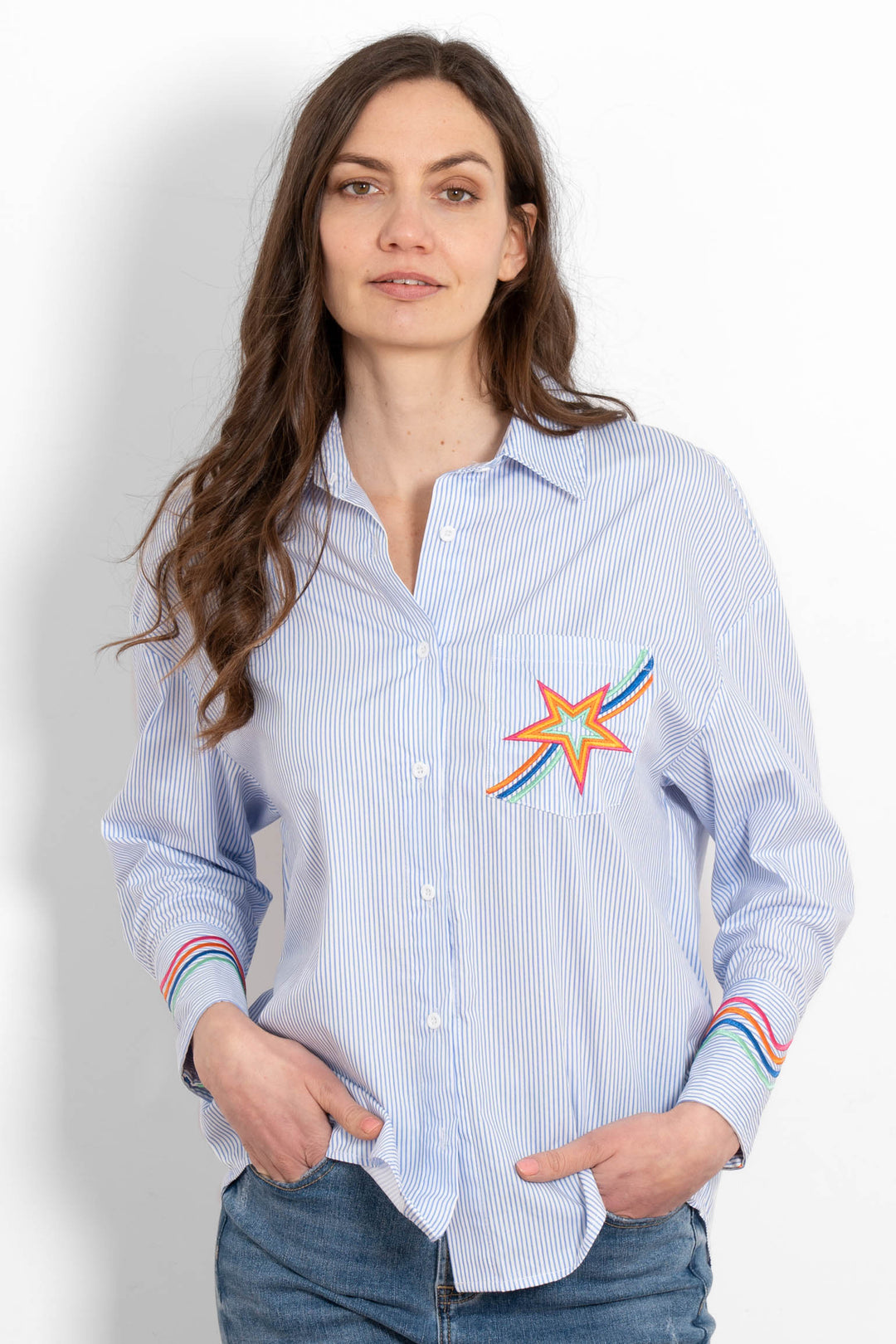 beau-long-sleeve-cotton-shirt-blue-white-star-embroidered-front-view-worn-on-model-colourful-embroidery