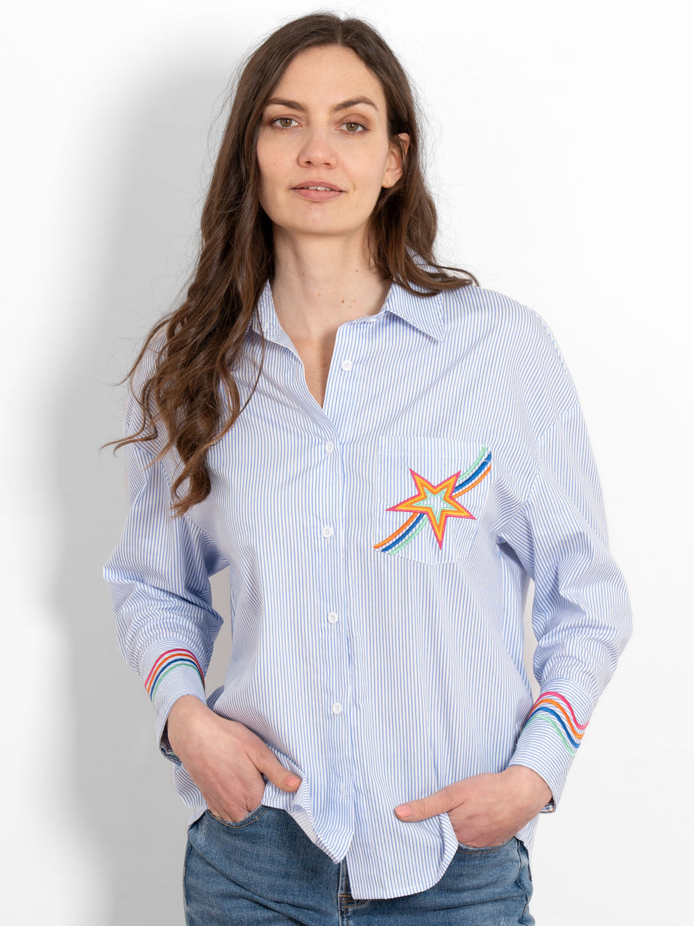 beau-long-sleeve-cotton-shirt-blue-white-star-embroidered-front-view-worn-on-model-colourful-embroidery