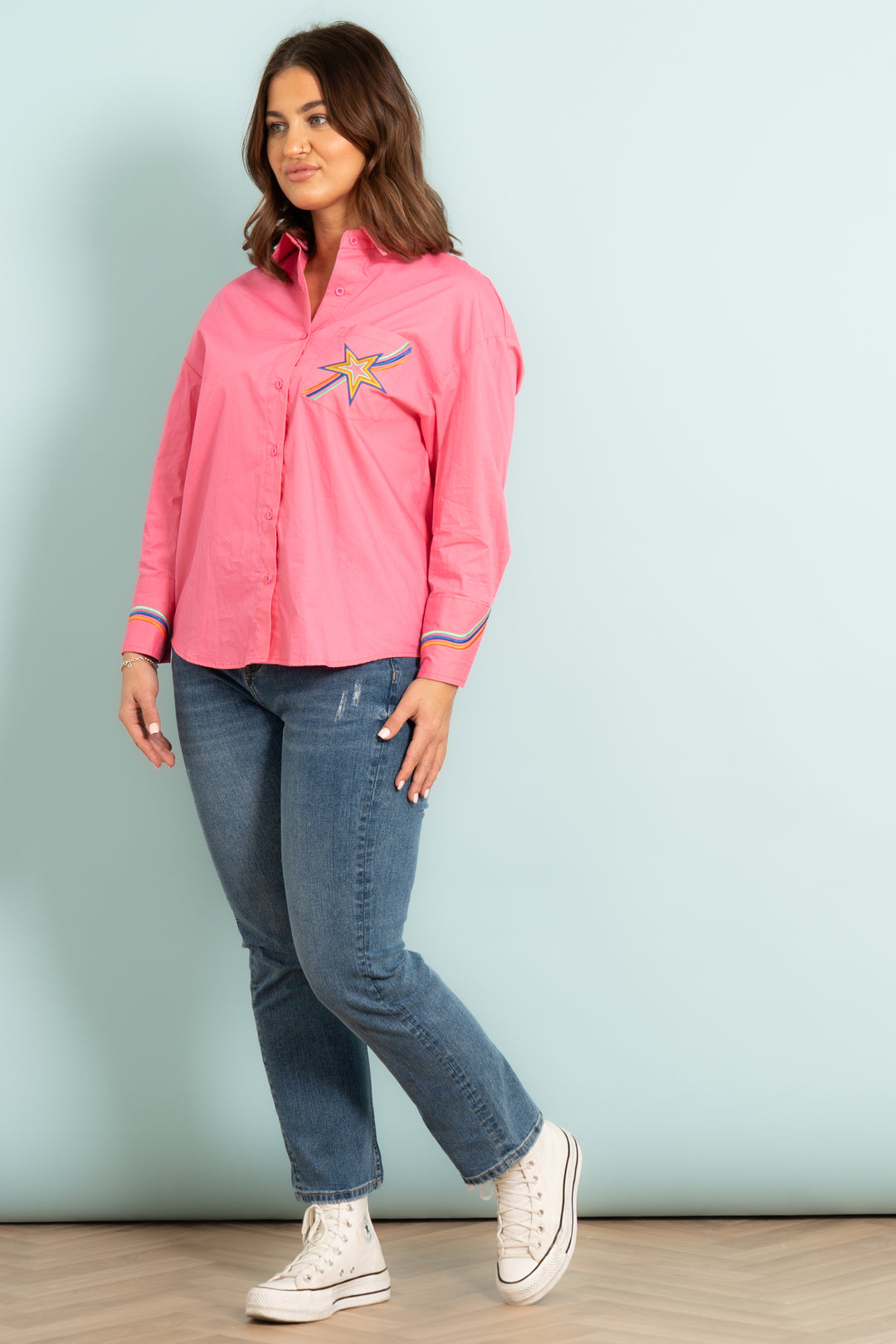 beau-long-sleeve-cotton-shirt-hot-pink-star-embroidered-styled-denim-jeans