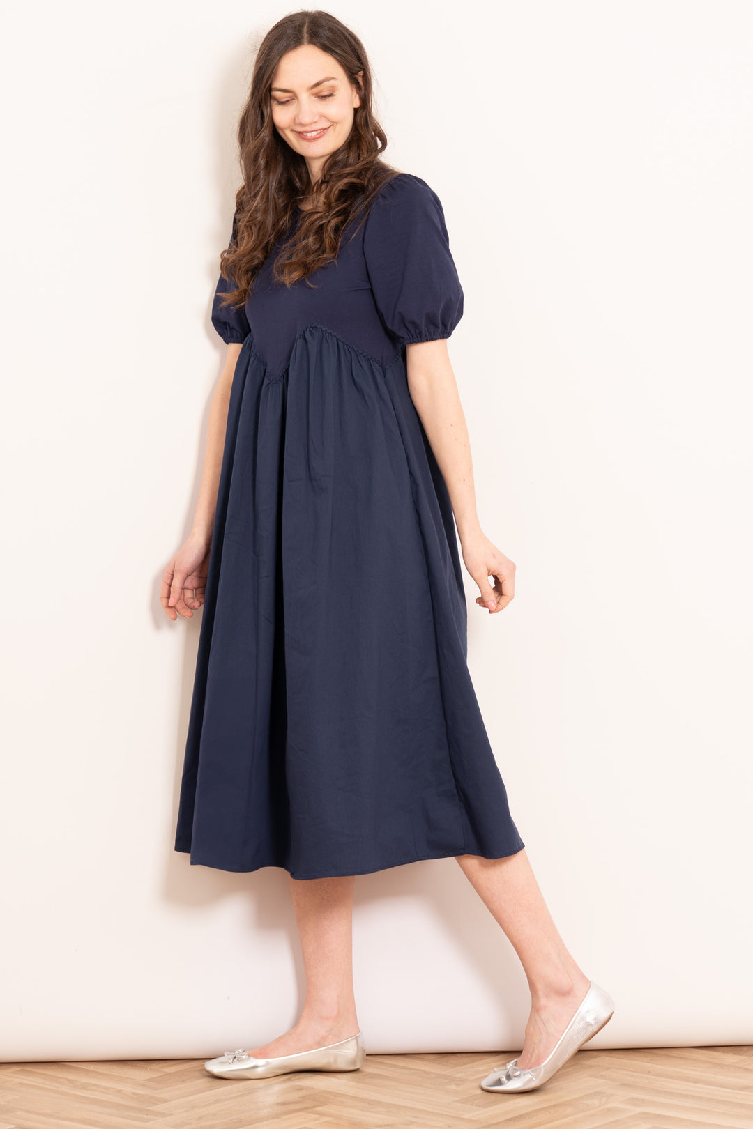 sawyer-cotton-midaxi-dress-navy-blue-jersey-mix-loose-fitting-skirt-puff-sleeves