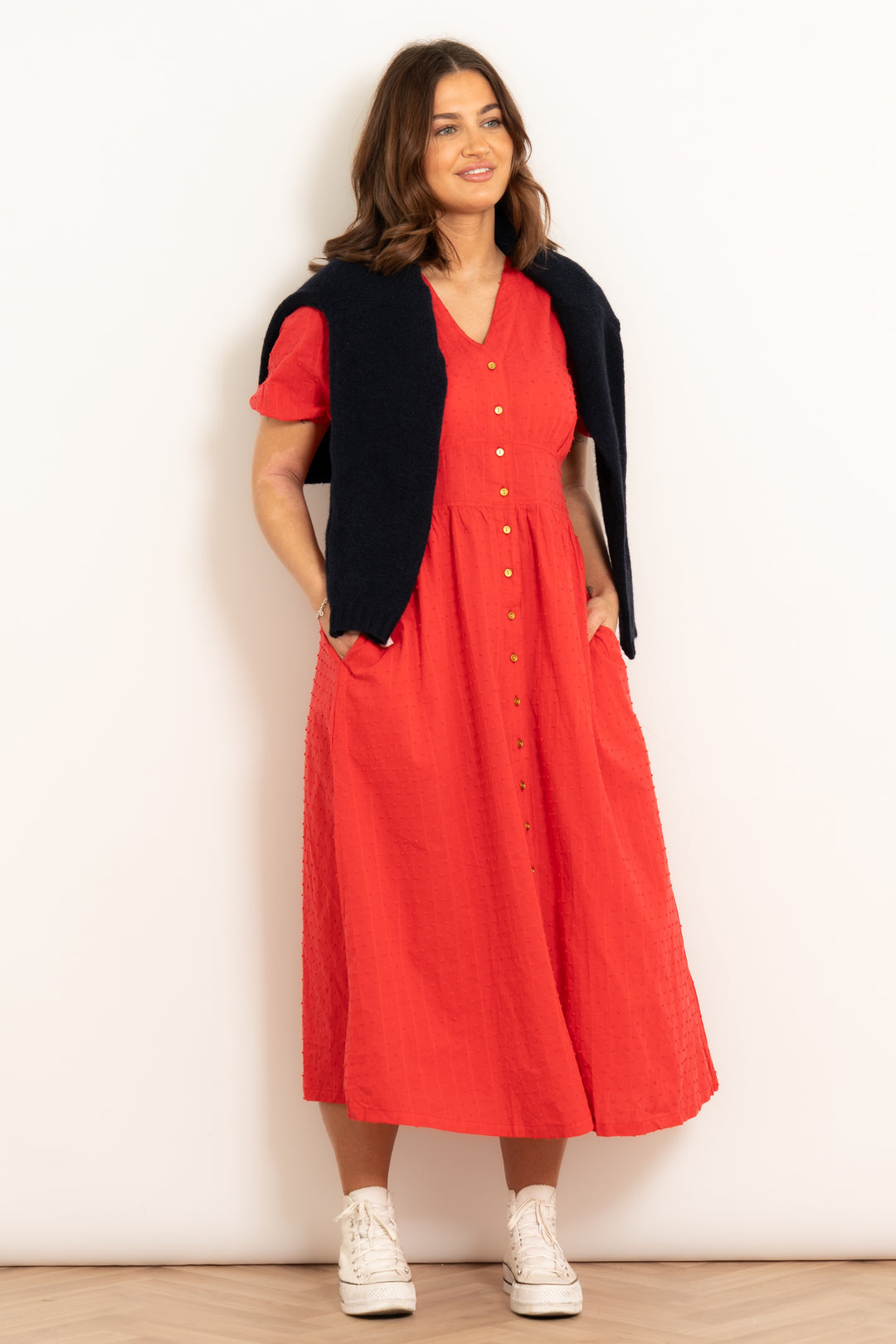 poppy-cotton-button-down-midi-tea-dress-red-dobby-styled-casually