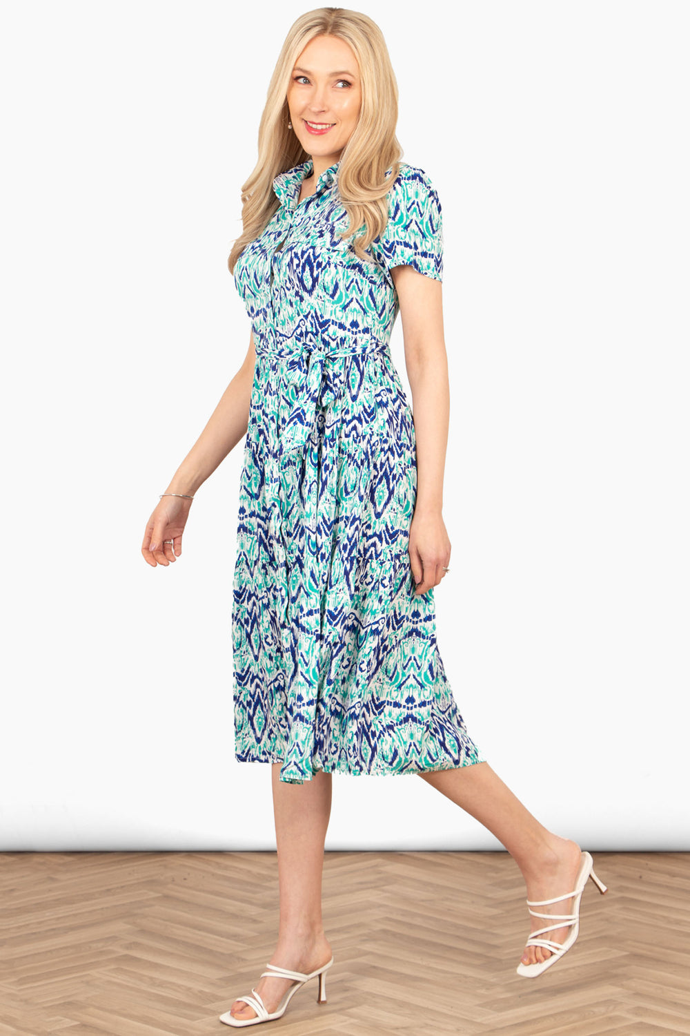 liberty-midi-shirt-dress-blue-aztec-print-side-view-waist-tie-belt