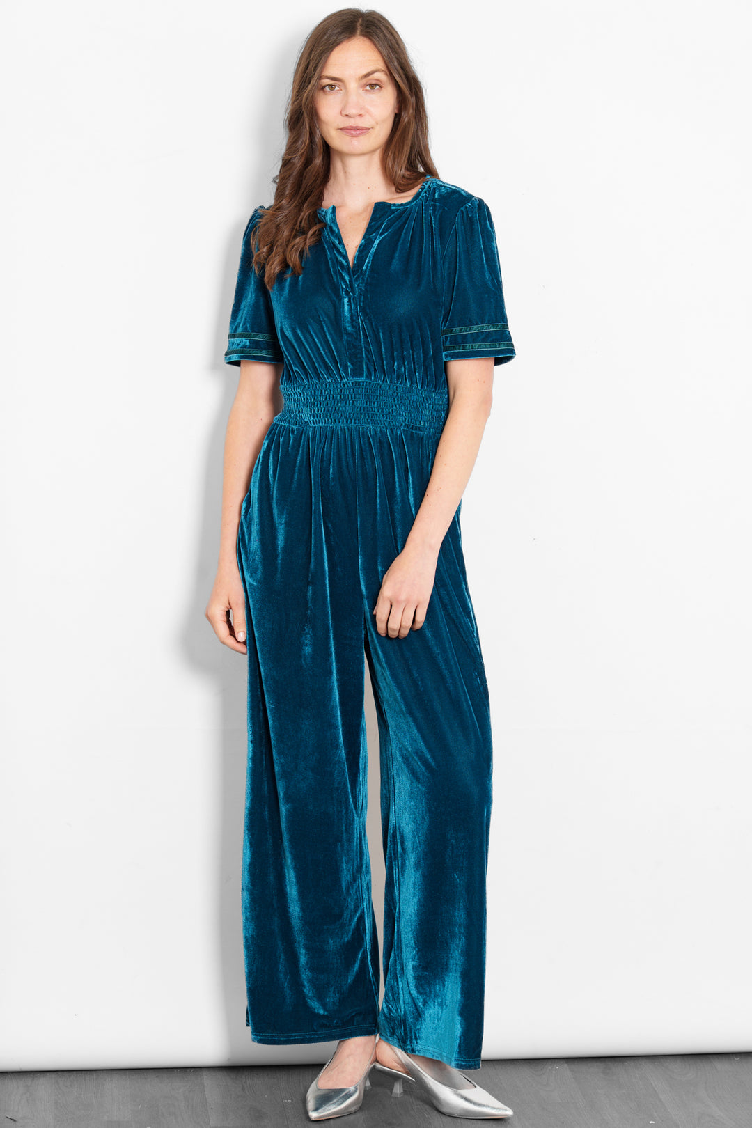 lydia-v-neck-jumpsuit-teal-velvet-elasticated-waist-model
