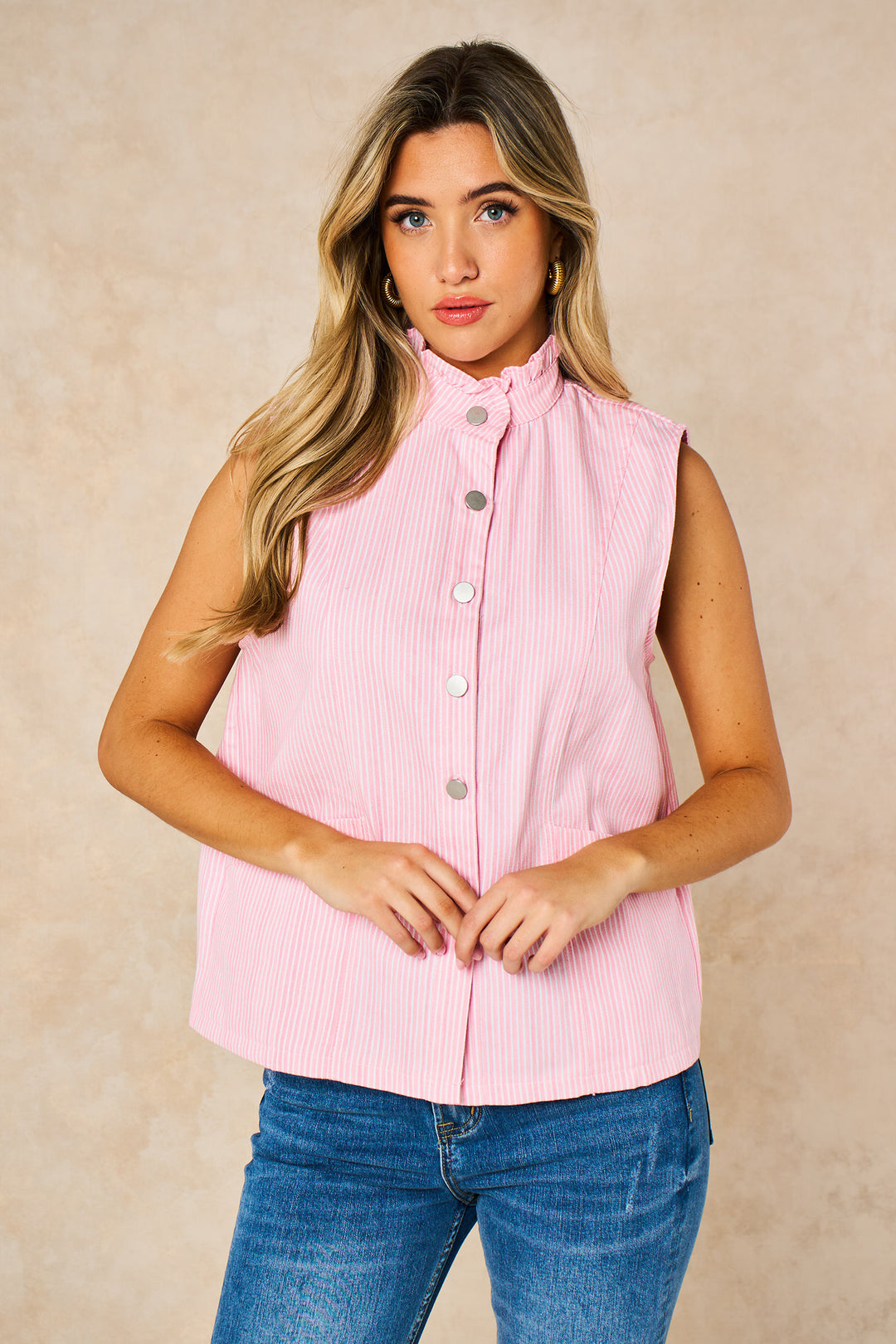 Candy-Stripe-Denim-Gilet-in-Pink-posed