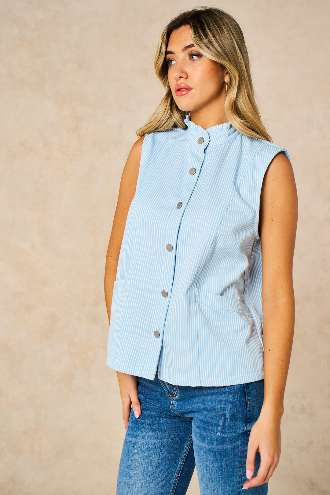 Candy Stripe Denim Gilet in Blue