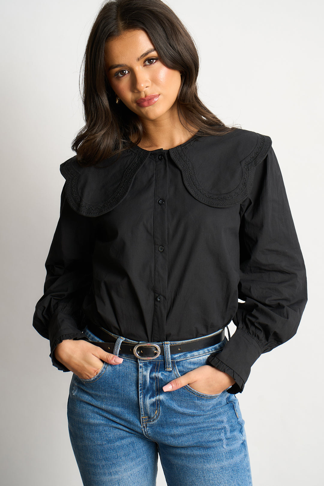 cammie-long-sleeve-cotton-shirt-black-pilgrim-collar-button-front