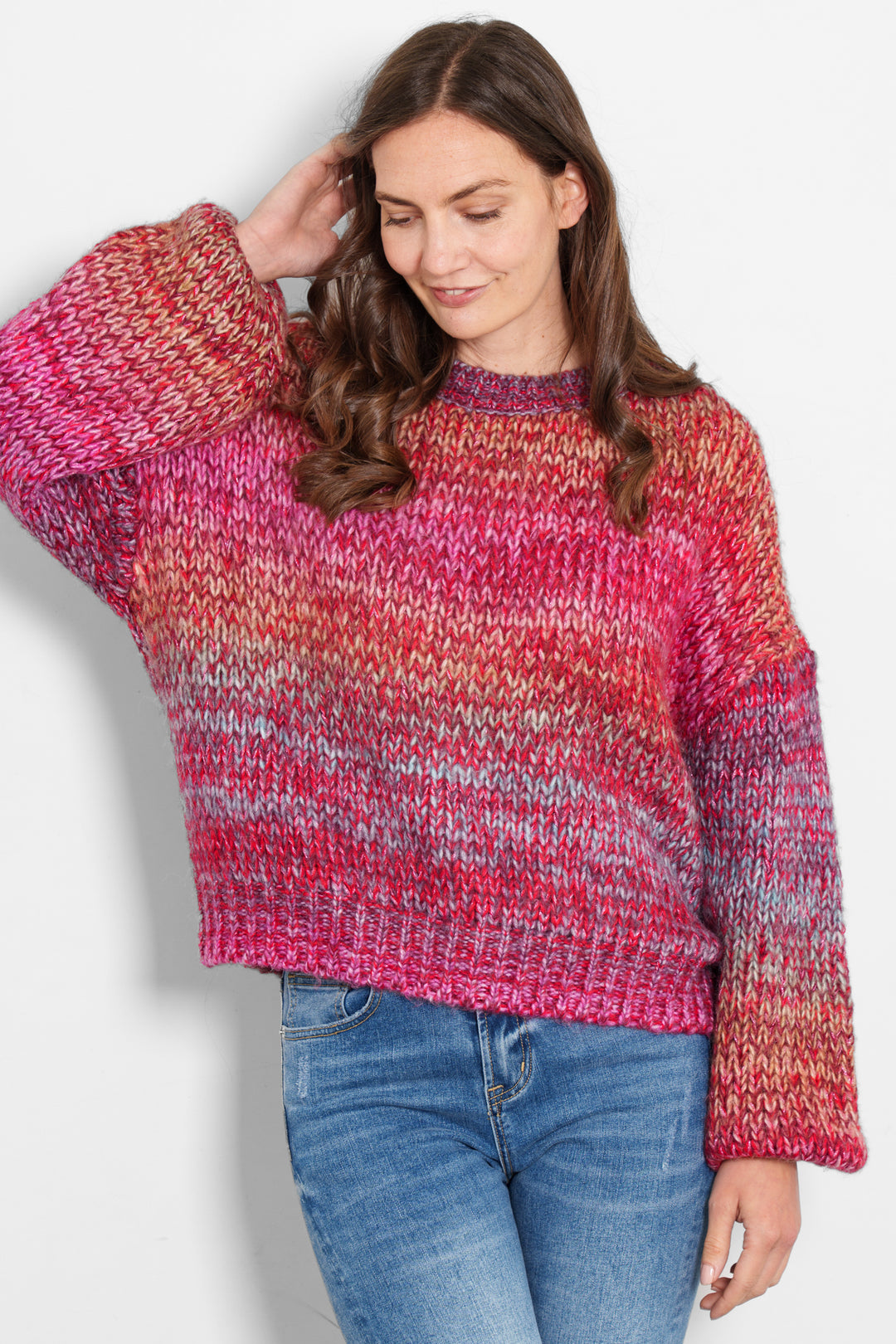 opal-wool-blend-jumper-pink-ombre-stripe-model-front-view