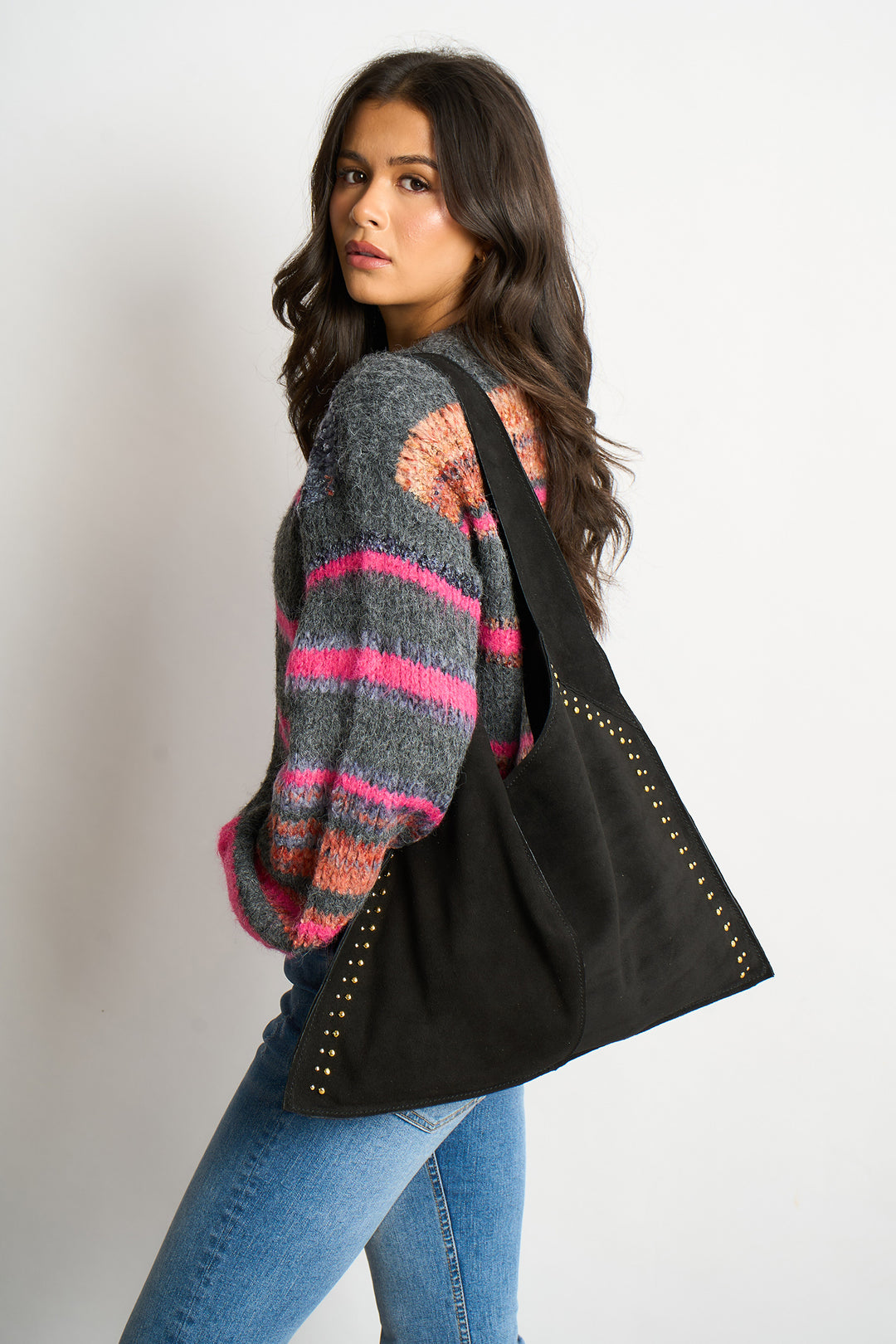 Studded Shoulder Bag Italian Suede Leather in Black