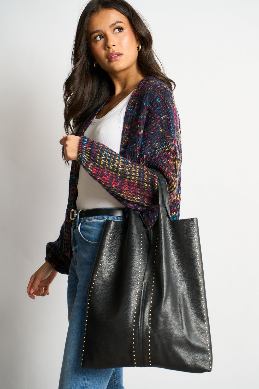 Studded Shoulder Bag Italian Leather in Black