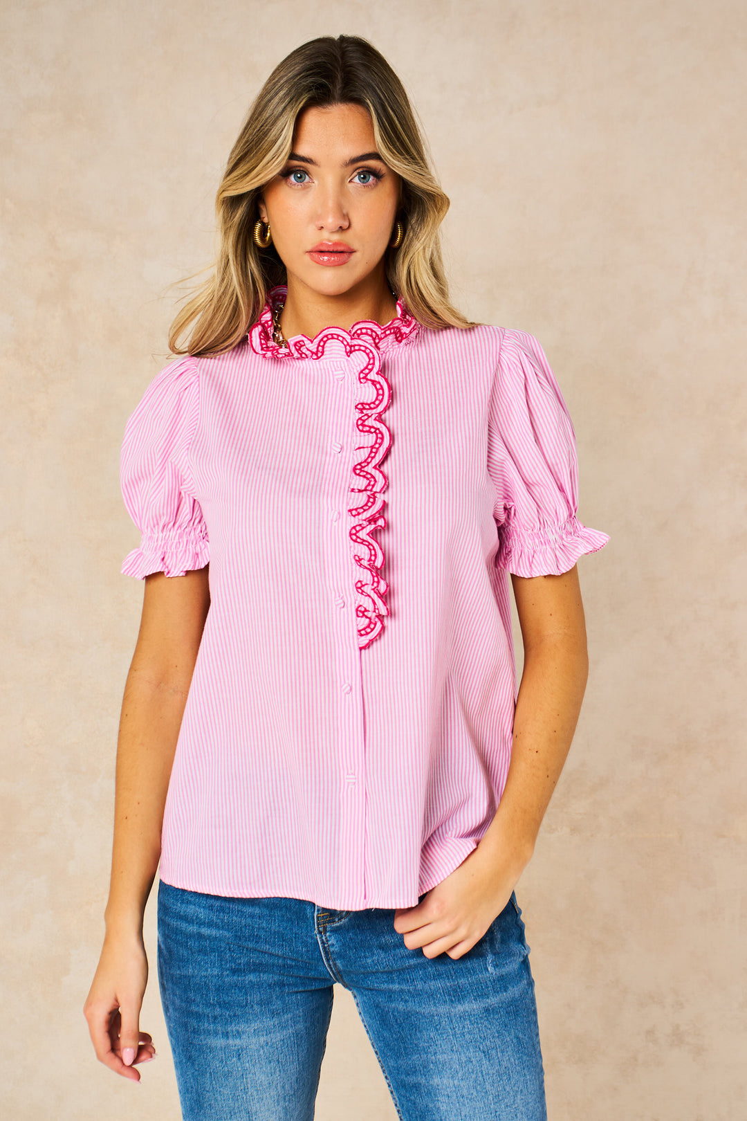 Candy-Stripe-Short-Sleeve-Cotton-Shirt-in-Pink-Front
