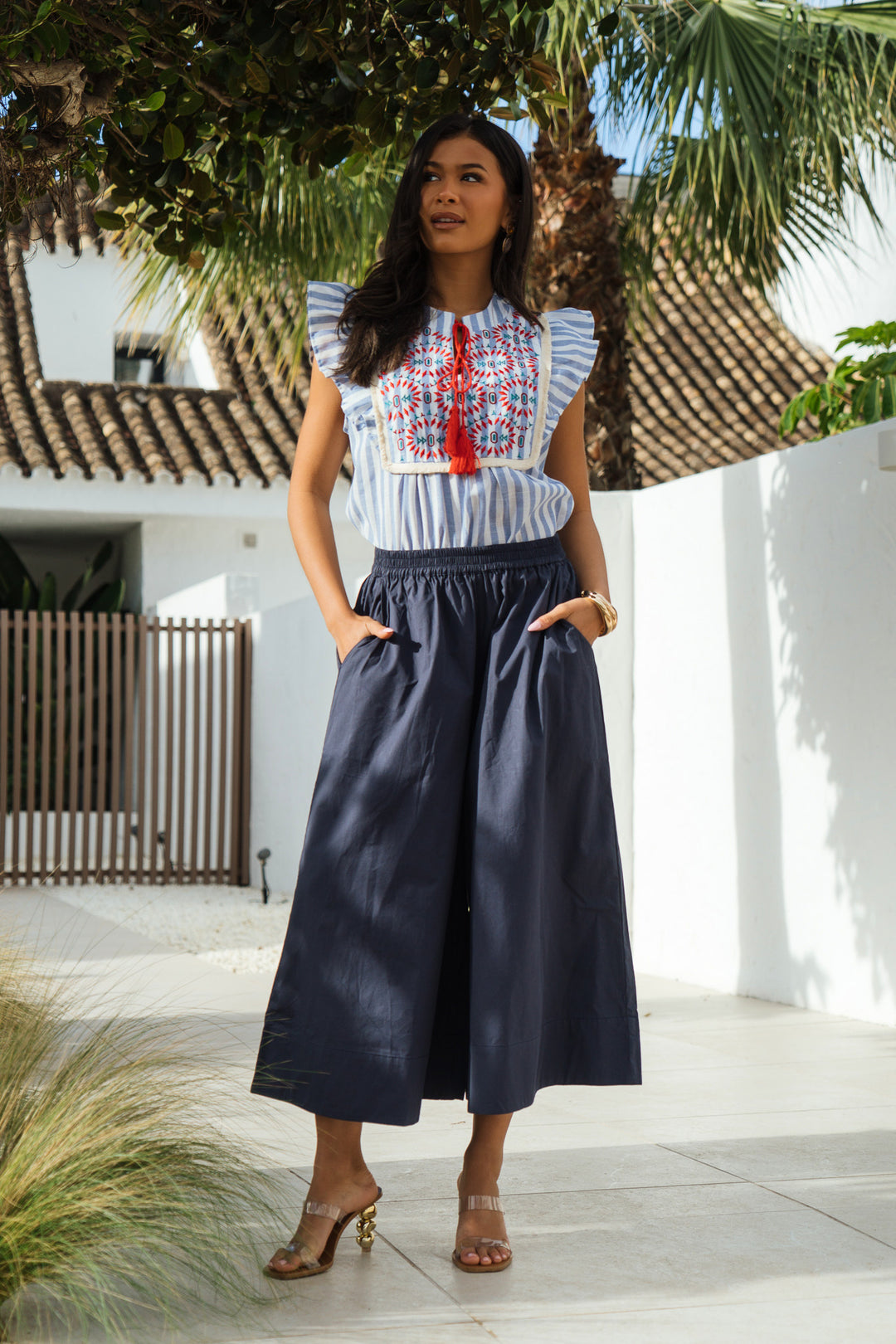 Embroidered-Striped-Ruffle-Sleeve-Cotton-Shirt-in-Blue-Cropped-Wide-Leg-Cotton-Trousers-in-Navy-Blue