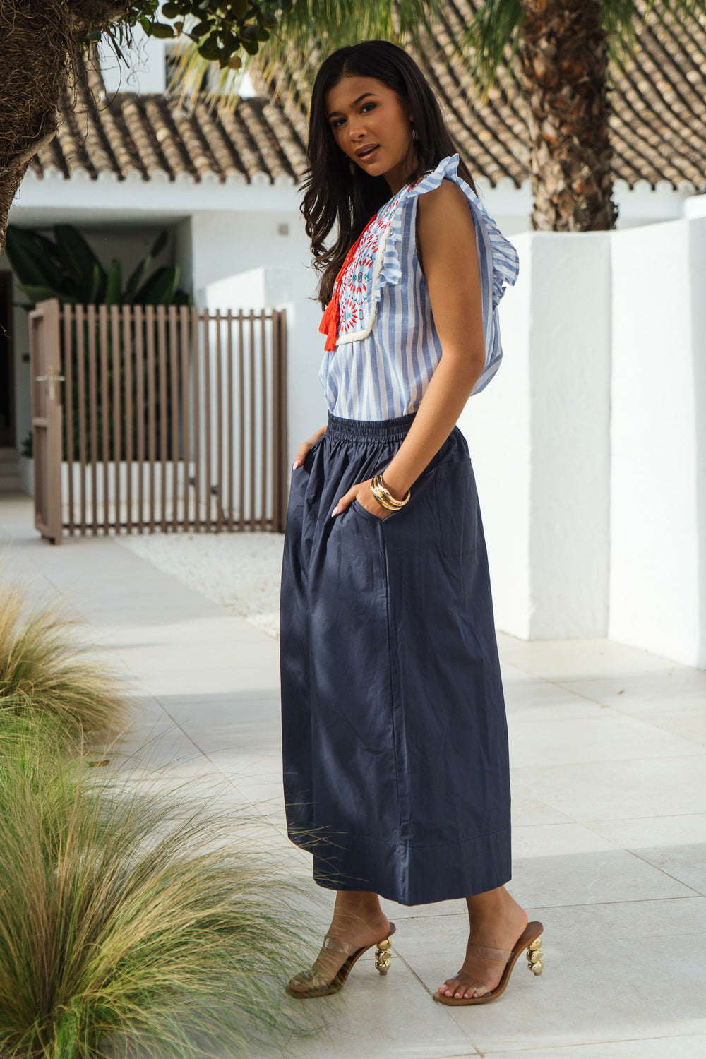 Embroidered-Striped-Ruffle-Sleeve-Cotton-Shirt-in-Blue-Cropped-Wide-Leg-Cotton-Trousers-in-Navy-Blue