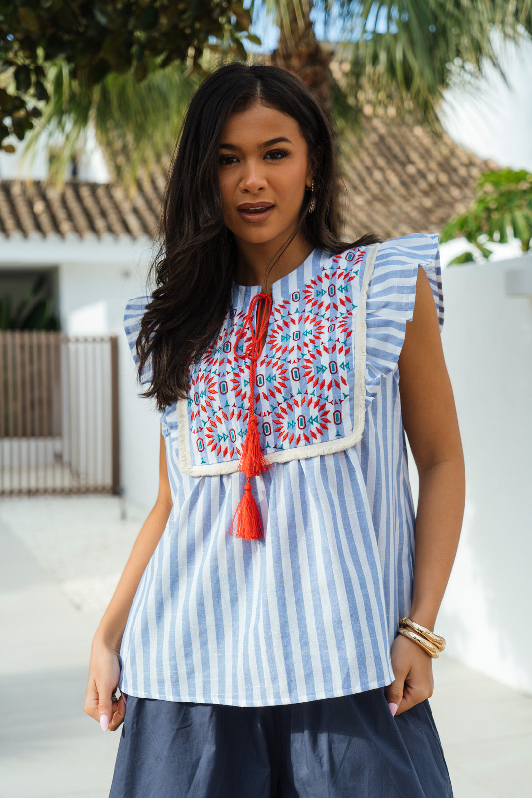 Embroidered-Striped-Ruffle-Sleeve-Cotton-Shirt-in-Blue