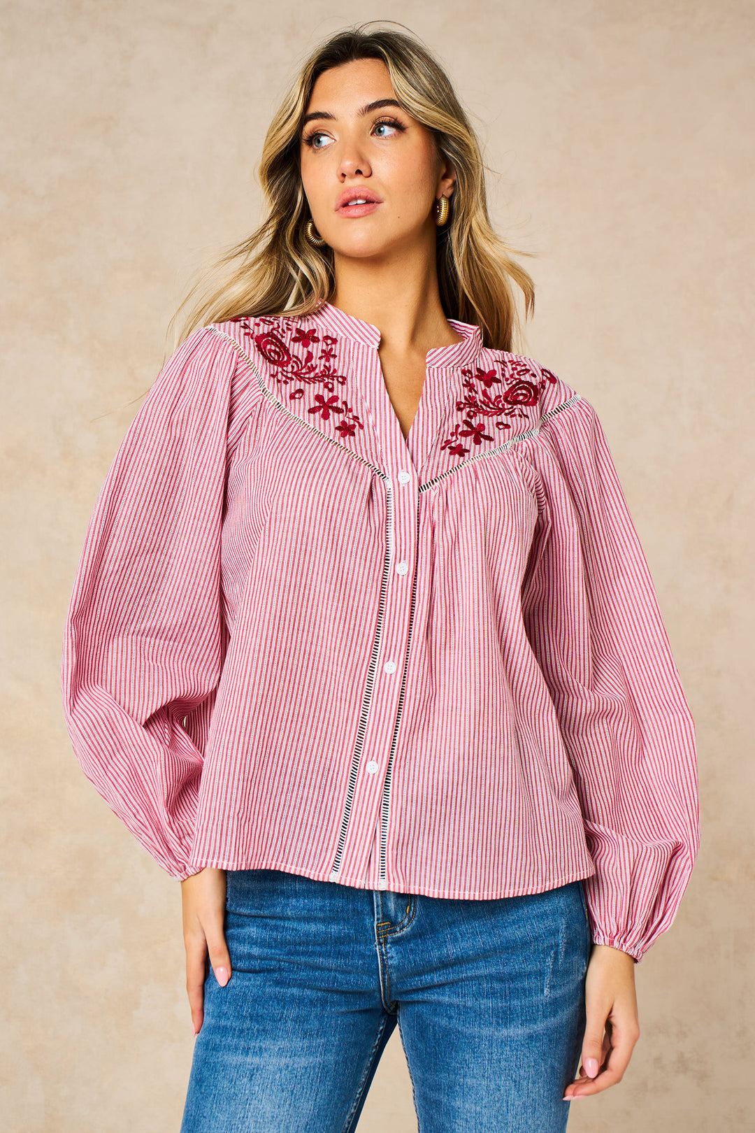 Embroidered-Floral-Long-Sleeve-Cotton-Shirt-in-Red-Front