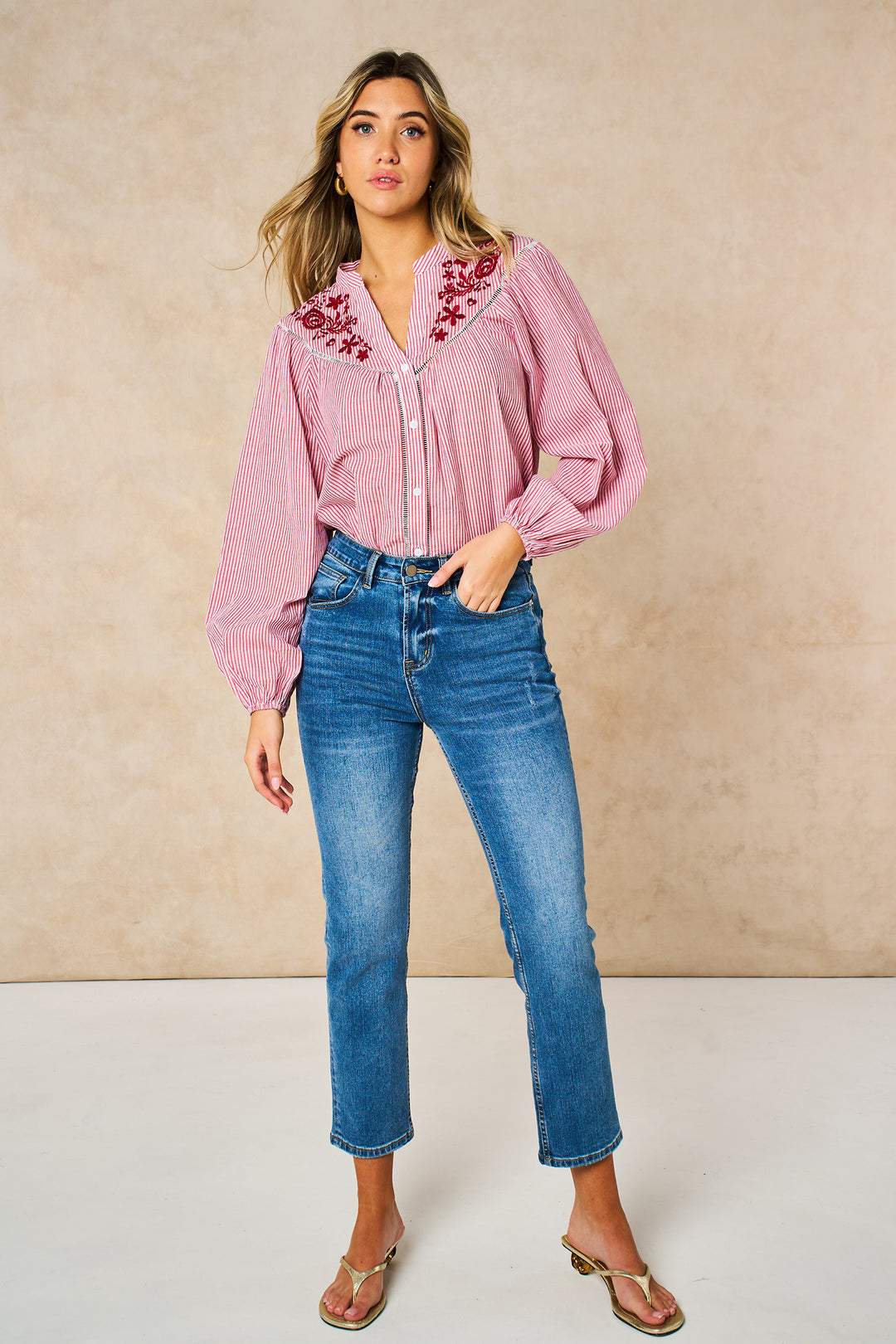 Embroidered-Floral-Long-Sleeve-Cotton-Shirt-in-Red-Styled