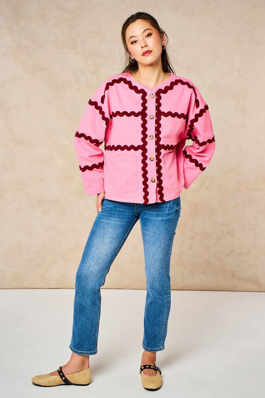 Wavy Trim Cotton Twill Jacket in Pink