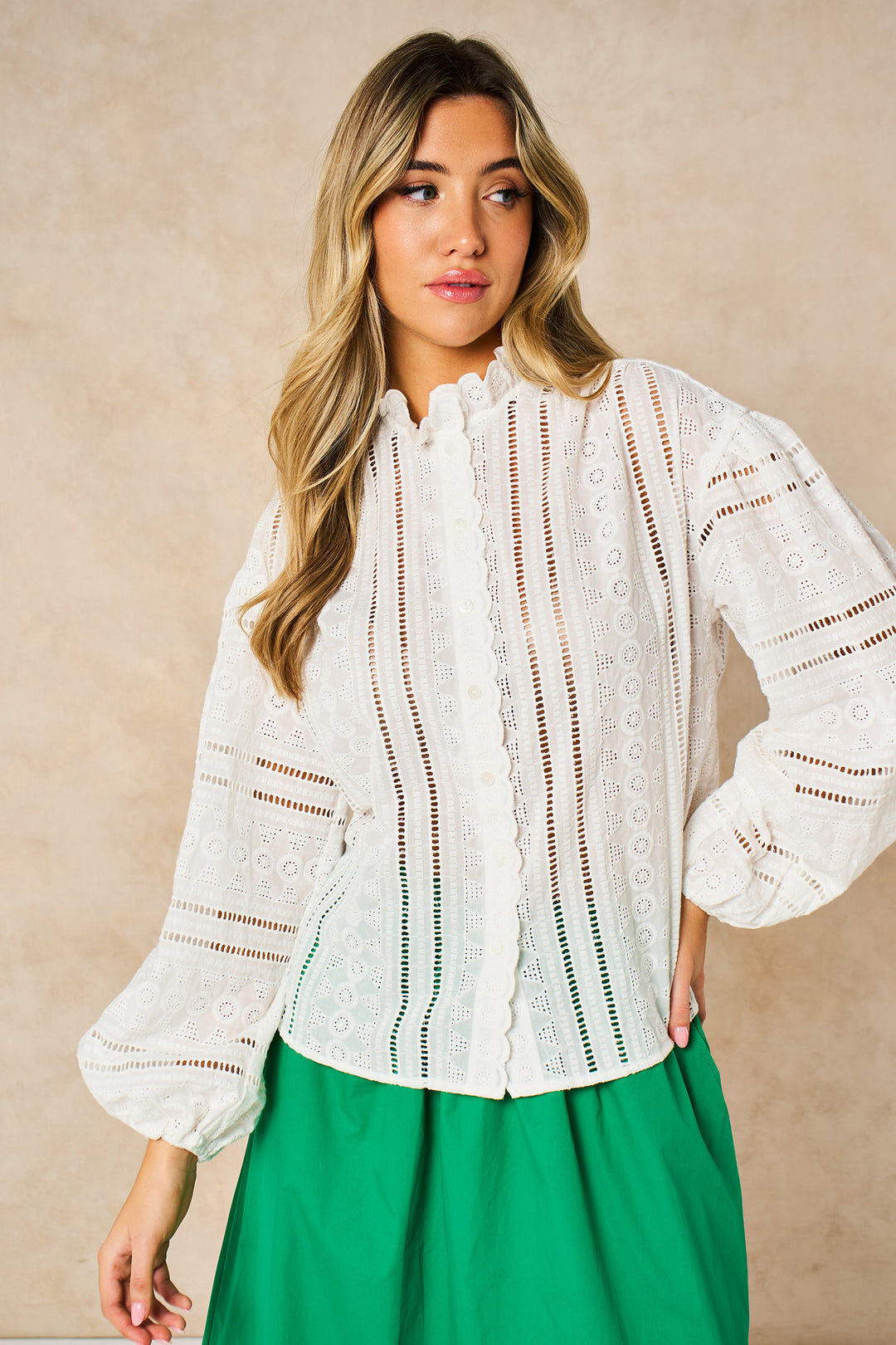 Embroidered-Frilly-Long-Sleeve-Cotton-Shirt-in-White-Front