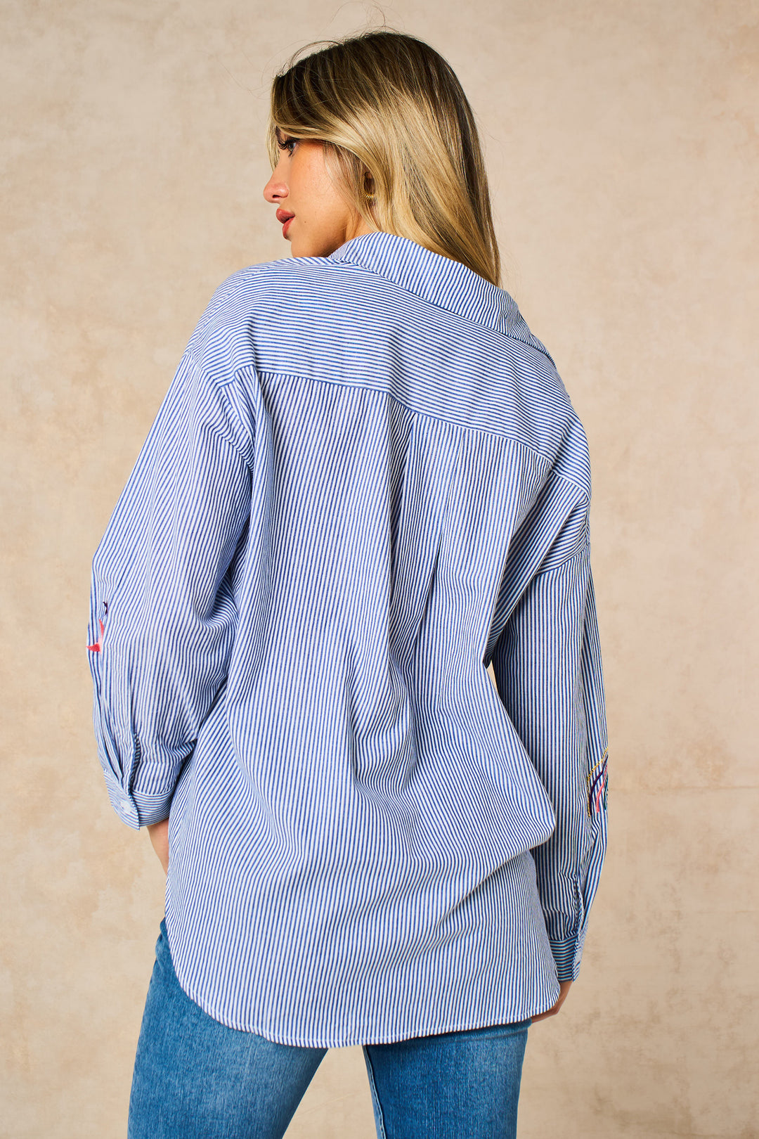 Embroidered Striped Long Sleeve Cotton Shirt in Blue