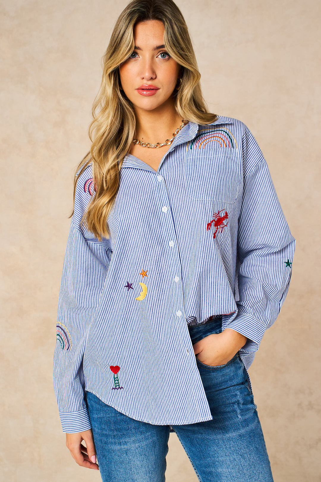 Embroidered Striped Long Sleeve Cotton Shirt in Blue